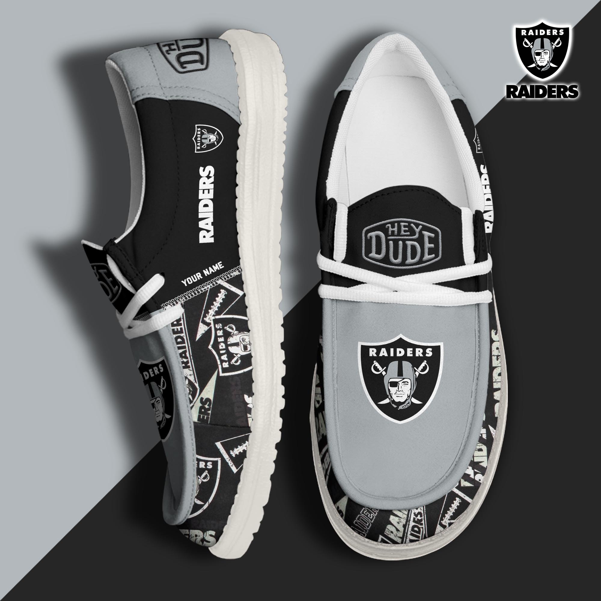 Las Vegas Raiders Football Hey Dude Canvas Loafer Shoes Custom Your Name, Sport Shoes For Fan, Fan Gifts ETUA-61163