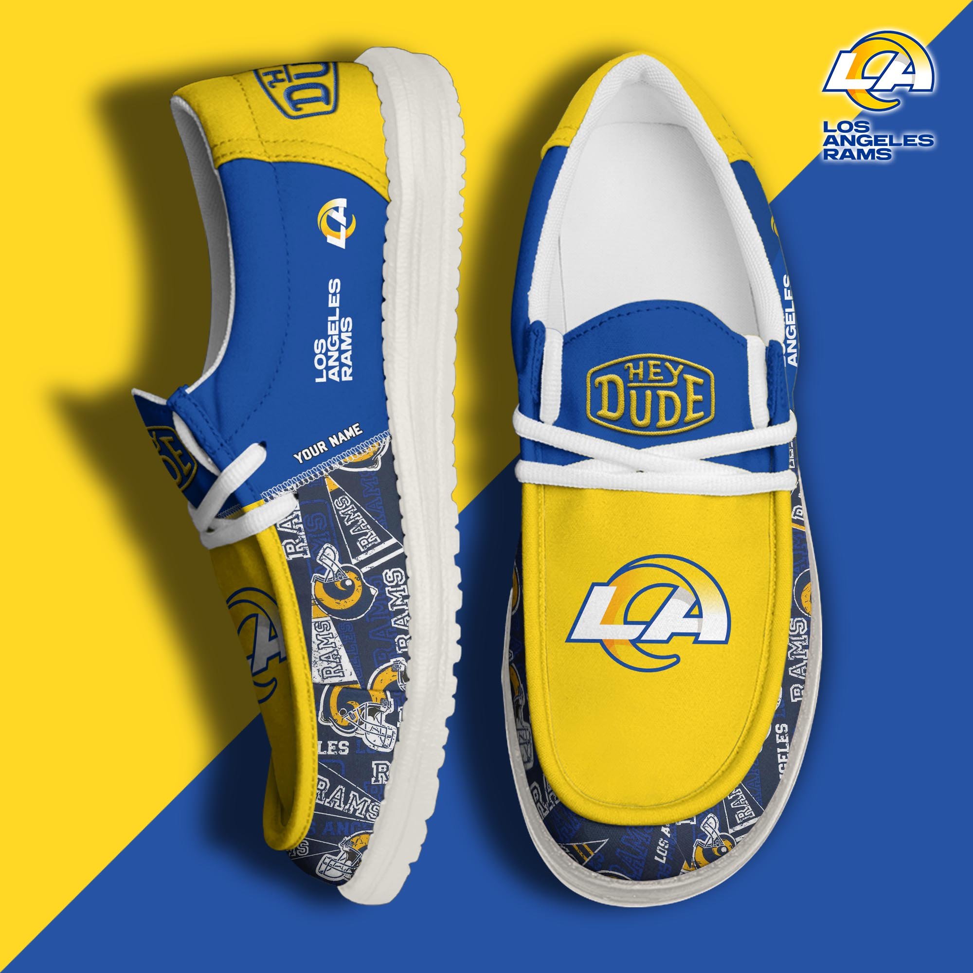 Los Angeles Rams Football Hey Dude Canvas Loafer Shoes Custom Your Name, Sport Shoes For Fan, Fan Gifts ETUA-61163