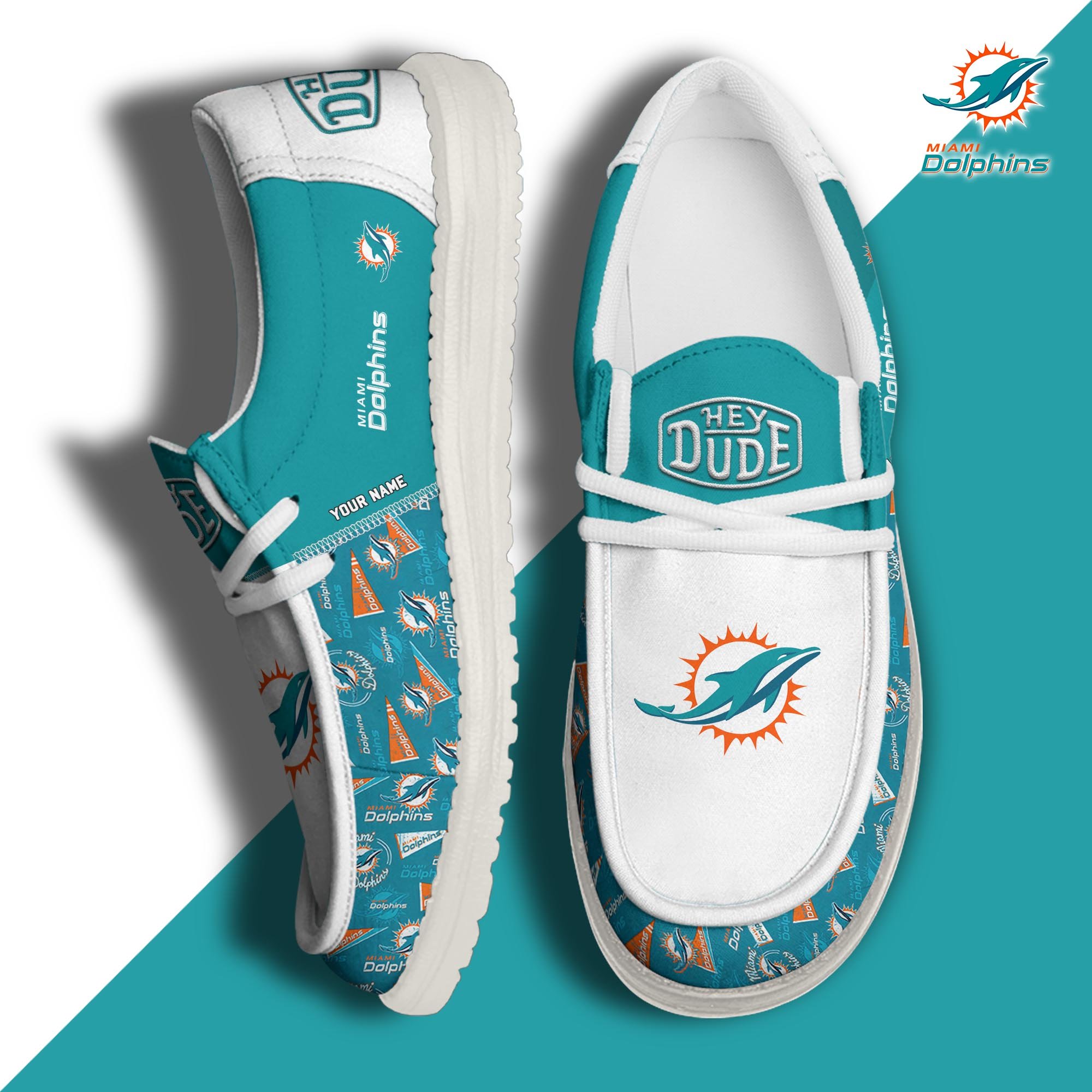 Miami Dolphins Football Hey Dude Canvas Loafer Shoes Custom Your Name, Sport Shoes For Fan, Fan Gifts ETUA-61163