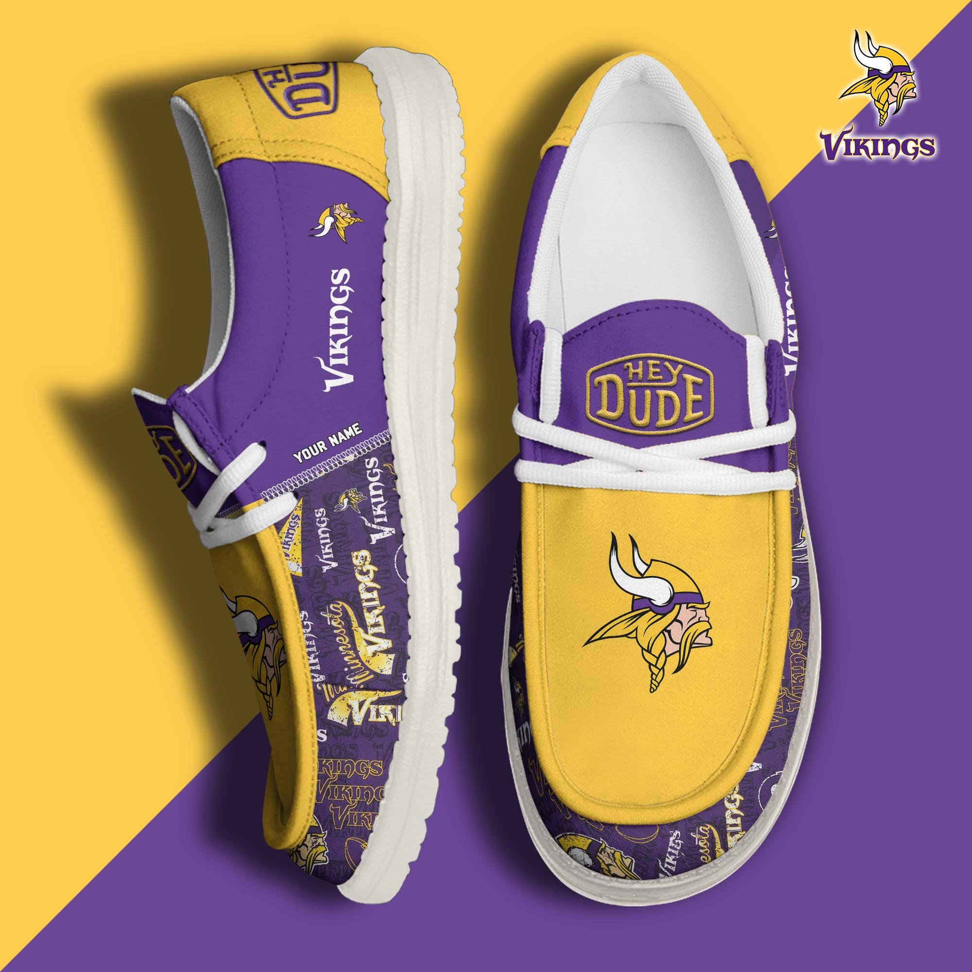 Minnesota Vikings Football Hey Dude Canvas Loafer Shoes Custom Your Name, Sport Shoes For Fan, Fan Gifts ETUA-61163