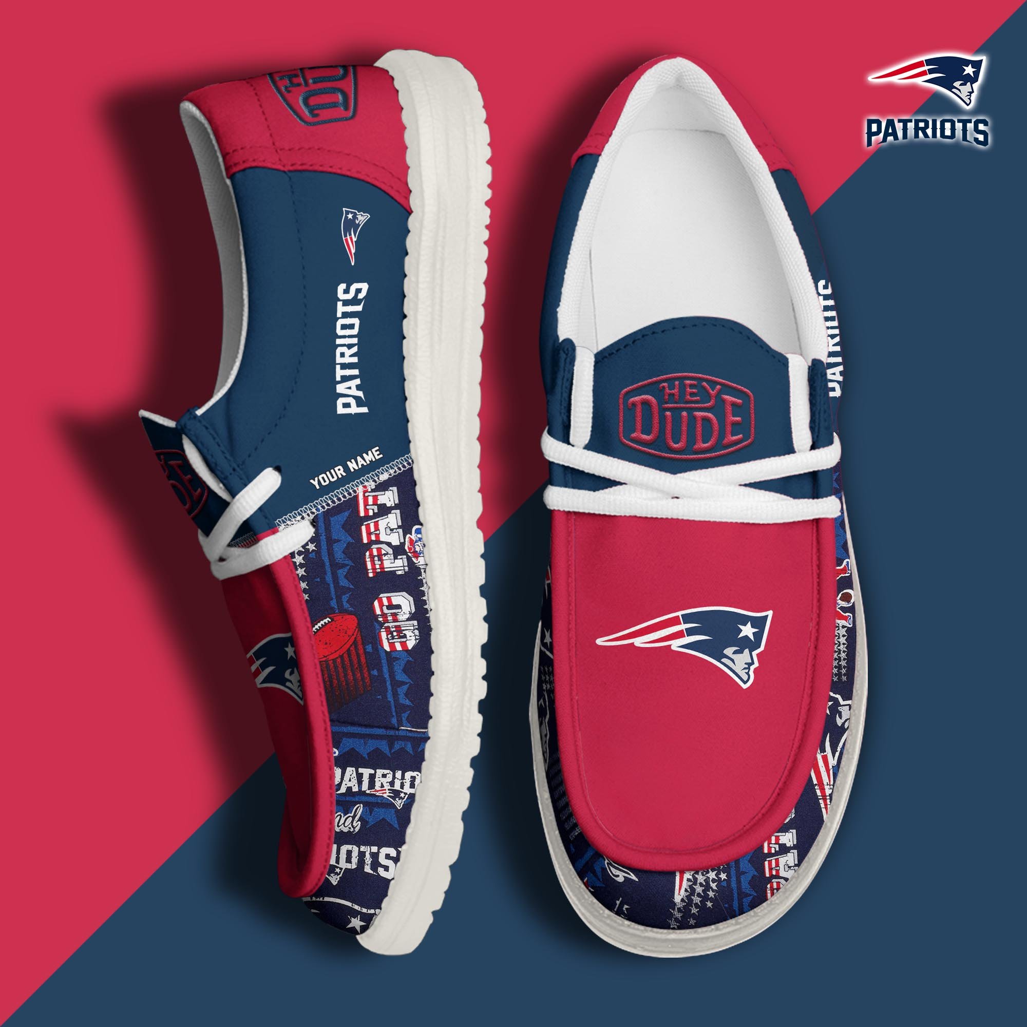 New England Patriots Football Hey Dude Canvas Loafer Shoes Custom Your Name, Sport Shoes For Fan, Fan Gifts ETUA-61163