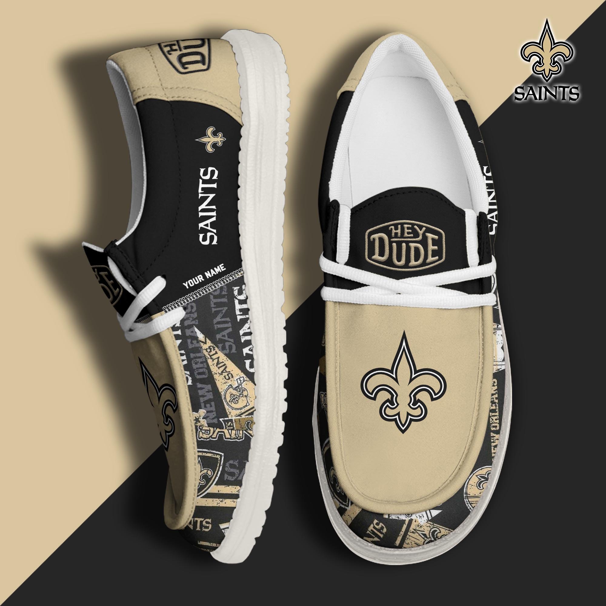 New Orleans Saints Football Hey Dude Canvas Loafer Shoes Custom Your Name, Sport Shoes For Fan, Fan Gifts ETUA-61163