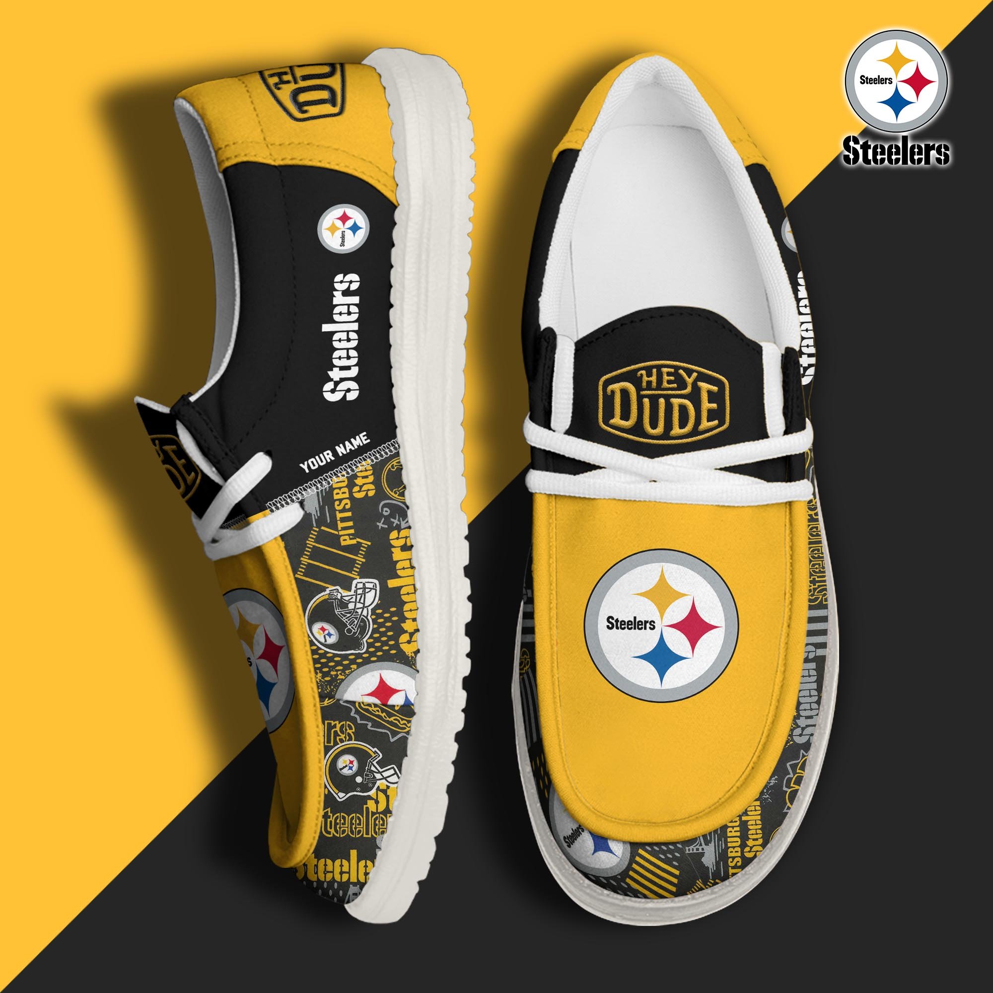 Pittsburgh Steelers Football Hey Dude Canvas Loafer Shoes Custom Your Name, Sport Shoes For Fan, Fan Gifts ETUA-61163