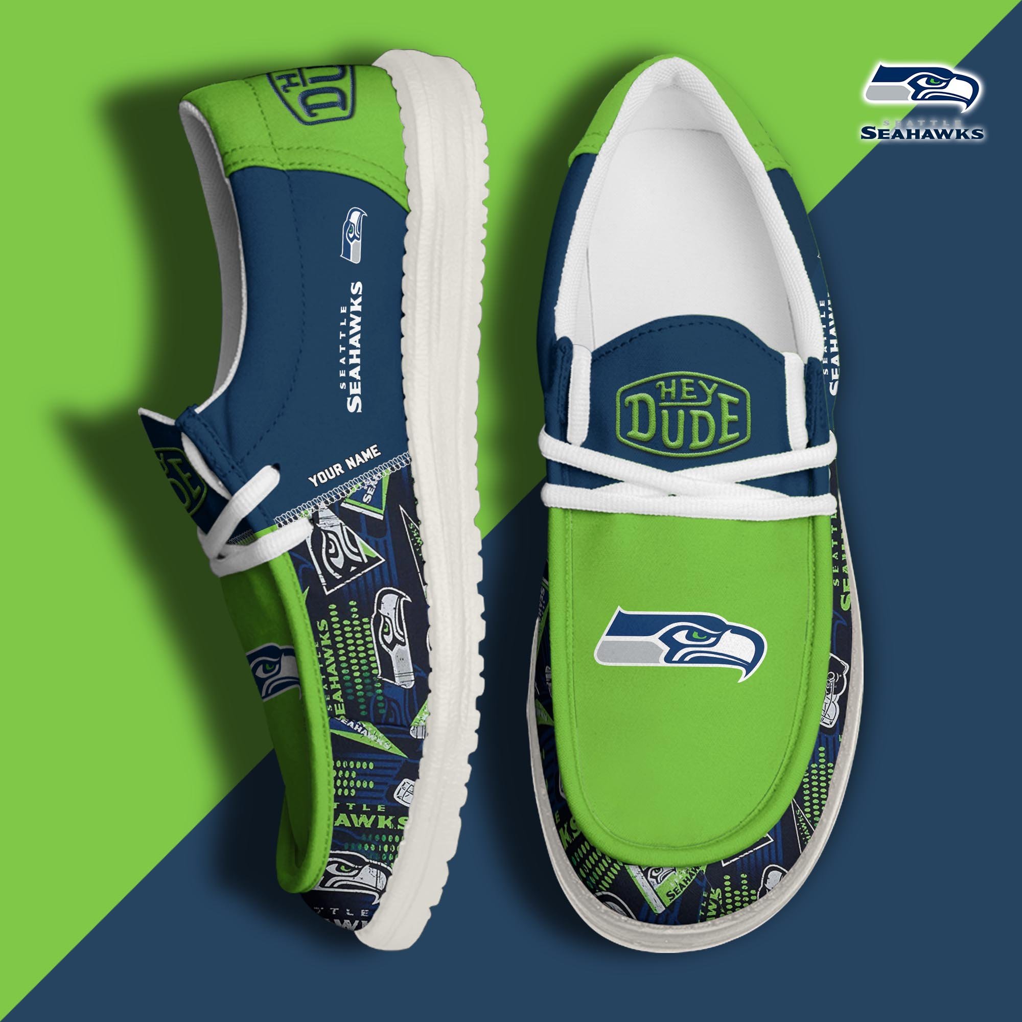 Seattle Seahawks Football Hey Dude Canvas Loafer Shoes Custom Your Name, Sport Shoes For Fan, Fan Gifts ETUA-61163