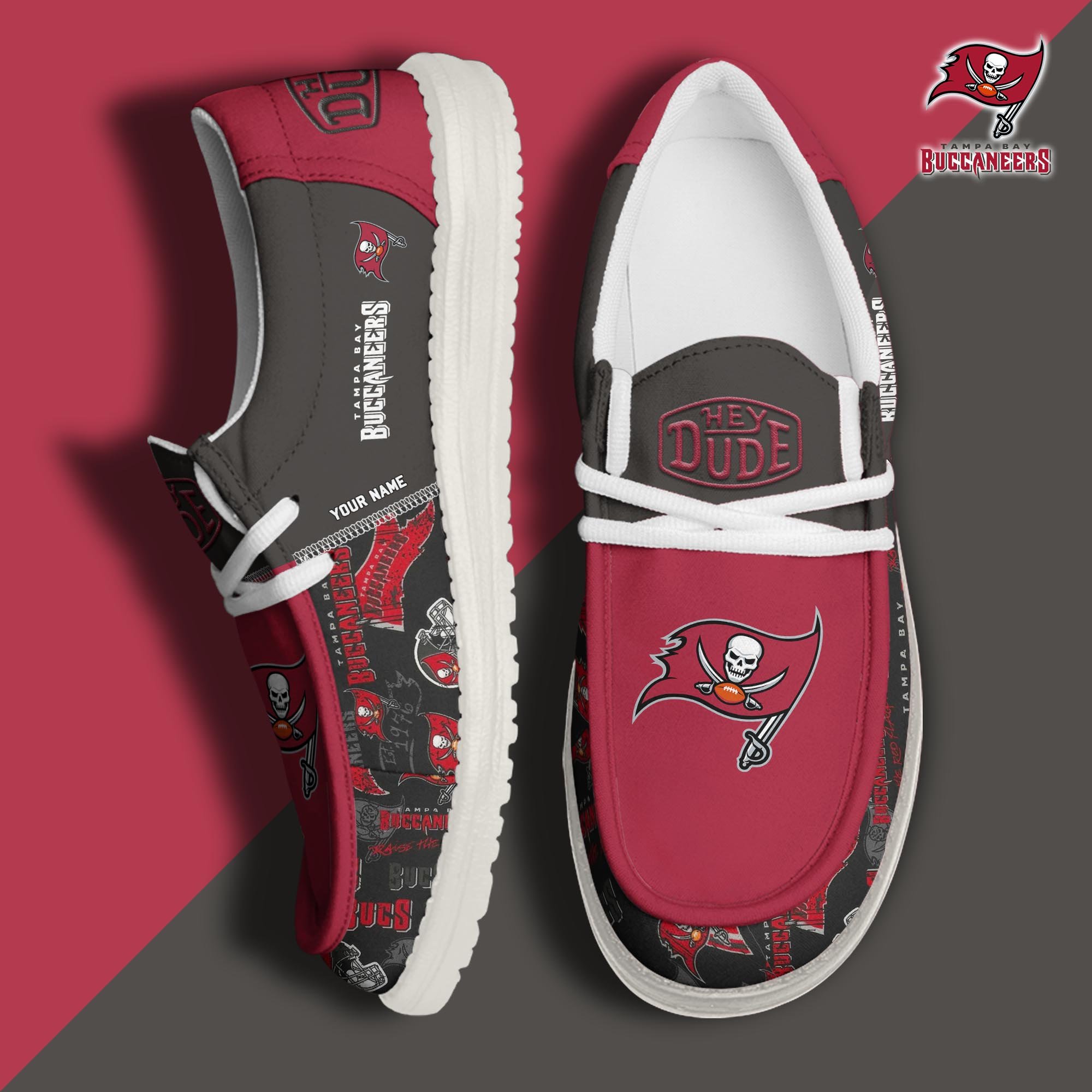 Tampa Bay Buccaneers Football Hey Dude Canvas Loafer Shoes Custom Your Name, Sport Shoes For Fan, Fan Gifts ETUA-61163