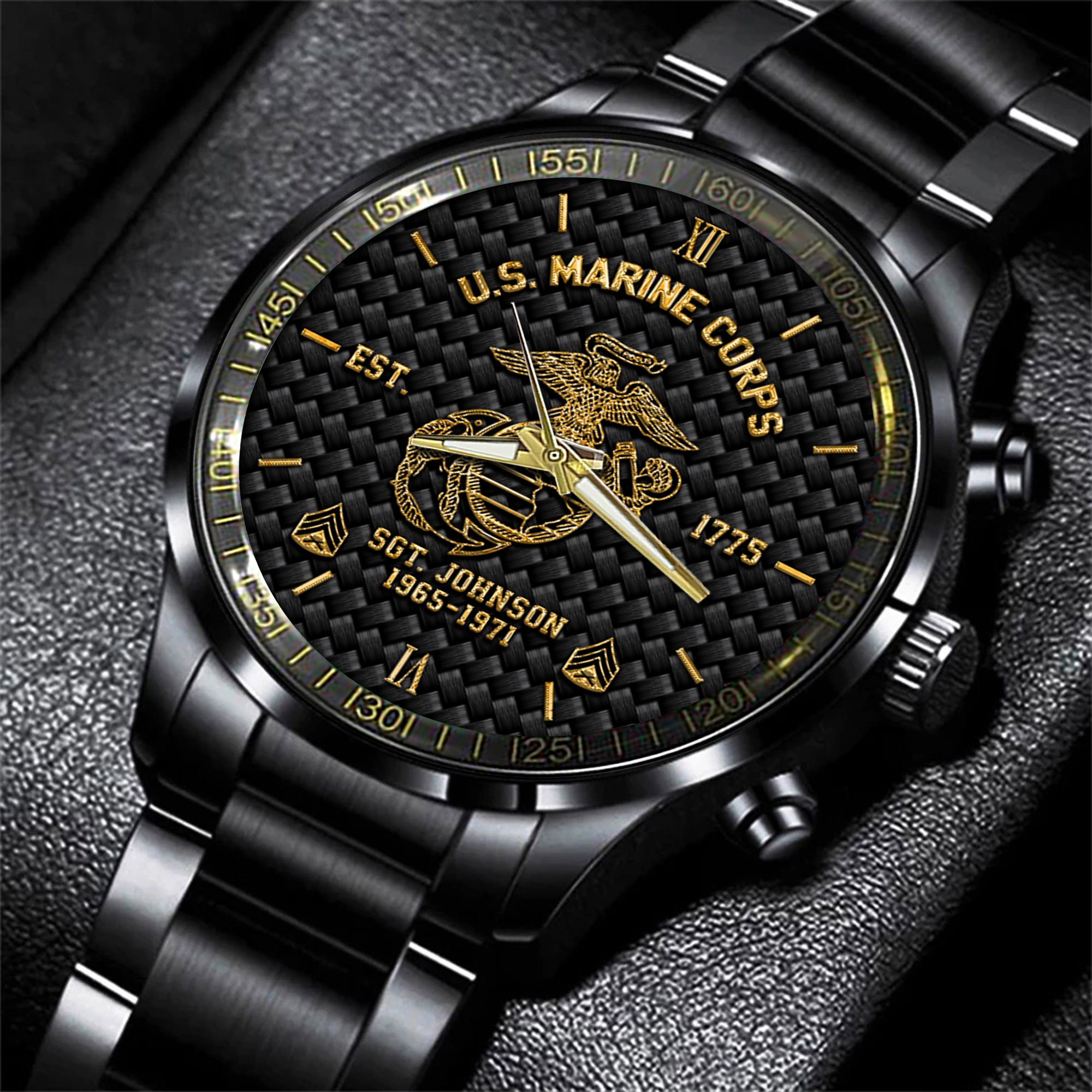 U.S. Marine Corps Black Fashion Watch 2024 Version Custom Your Name, Year And Rank, US Mlitary Watch, Gifts For Soldiers, Gifts For Dad EHIVM-57730