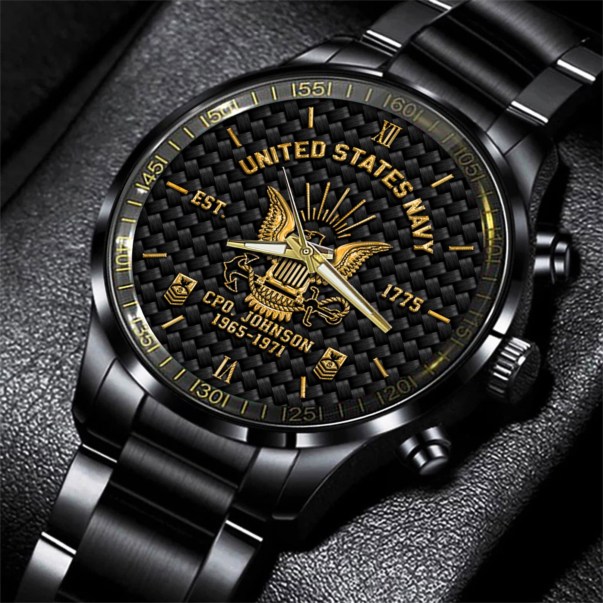 U.S. Navy Black Fashion Watch 2024 Version Custom Your Name, Year And Rank, US Mlitary Watch, Gifts For Soldiers, Gifts For Dad EHIVM-57730