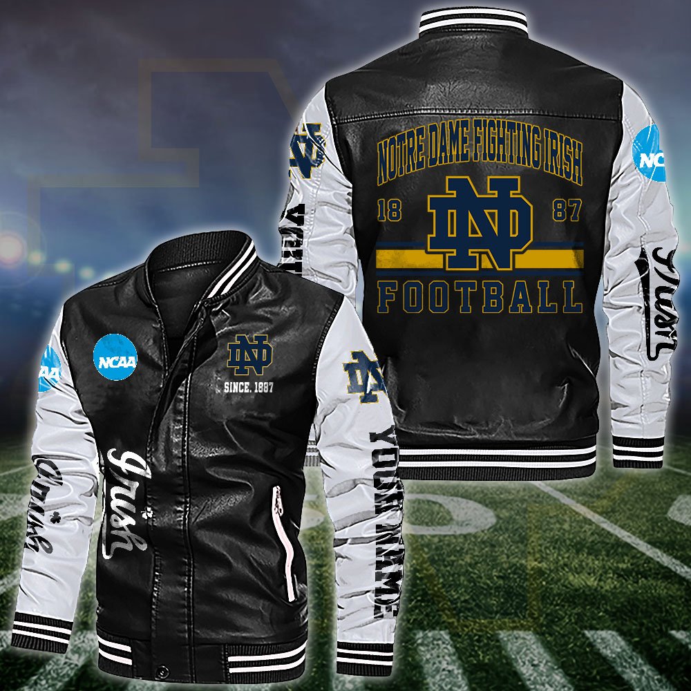 Notre Dame Fighting Irish White 2D Leather Jacket 2024 Versions Personalized Your Name, Sport Leather Jacket, Gifts For Fan EHIVM-53560