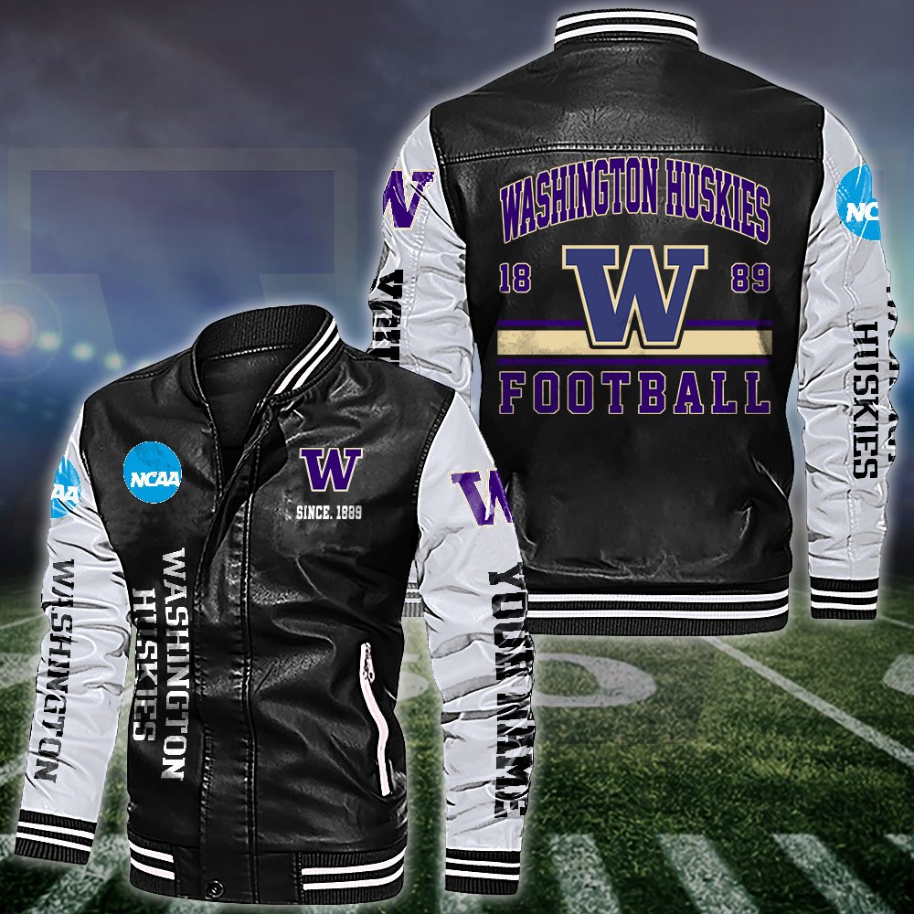 Washington Huskies White 2D Leather Jacket 2024 Versions Personalized Your Name, Sport Leather Jacket, Gifts For Fan EHIVM-53560