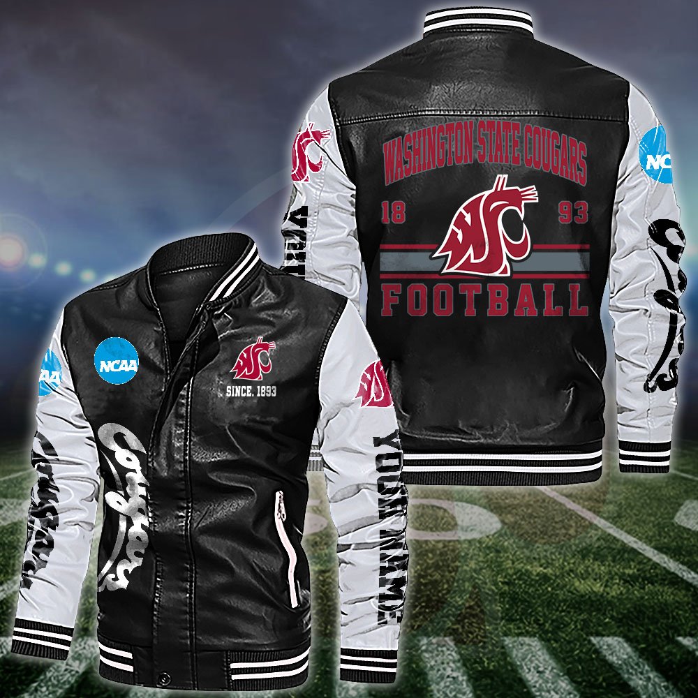 Washington State Cougars White 2D Leather Jacket 2024 Versions Personalized Your Name, Sport Leather Jacket, Gifts For Fan EHIVM-53560