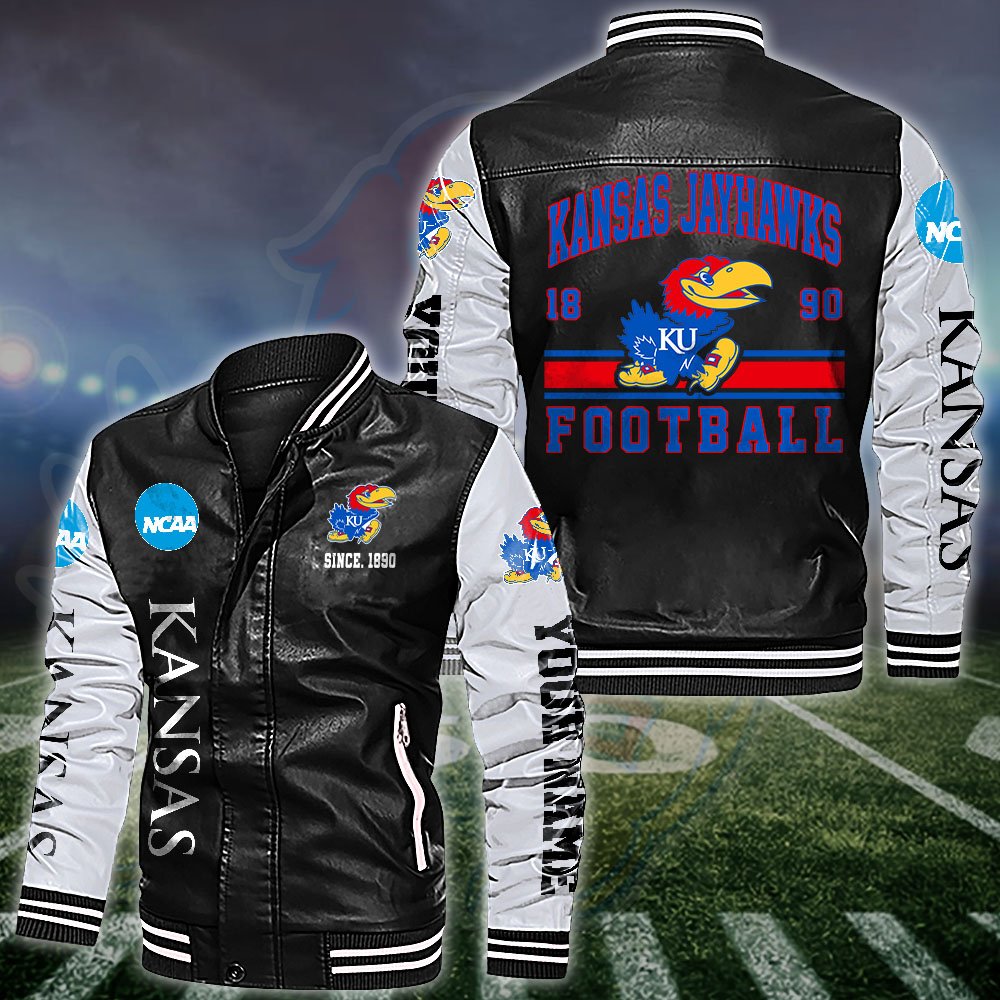 Kansas Jayhawks White 2D Leather Jacket 2024 Versions Personalized Your Name, Sport Leather Jacket, Gifts For Fan EHIVM-53560