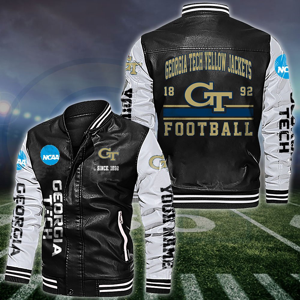 Georgia Tech Yellow Jackets White 2D Leather Jacket 2024 Versions Personalized Your Name, Sport Leather Jacket, Gifts For Fan EHIVM-53560