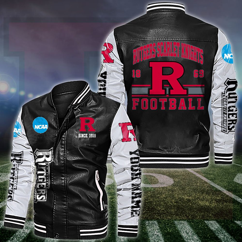 Rutgers Scarlet Knights White 2D Leather Jacket 2024 Versions Personalized Your Name, Sport Leather Jacket, Gifts For Fan EHIVM-53560