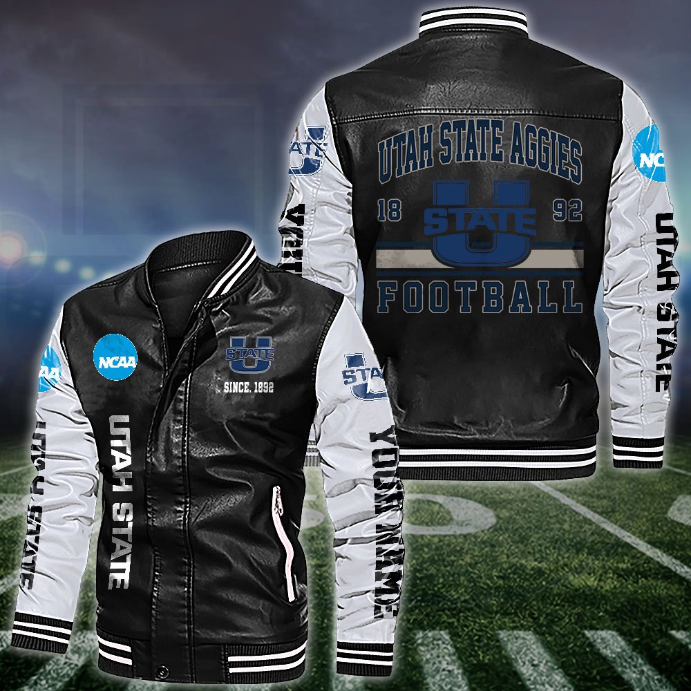 Utah State Aggies White 2D Leather Jacket 2024 Versions Personalized Your Name, Sport Leather Jacket, Gifts For Fan EHIVM-53560