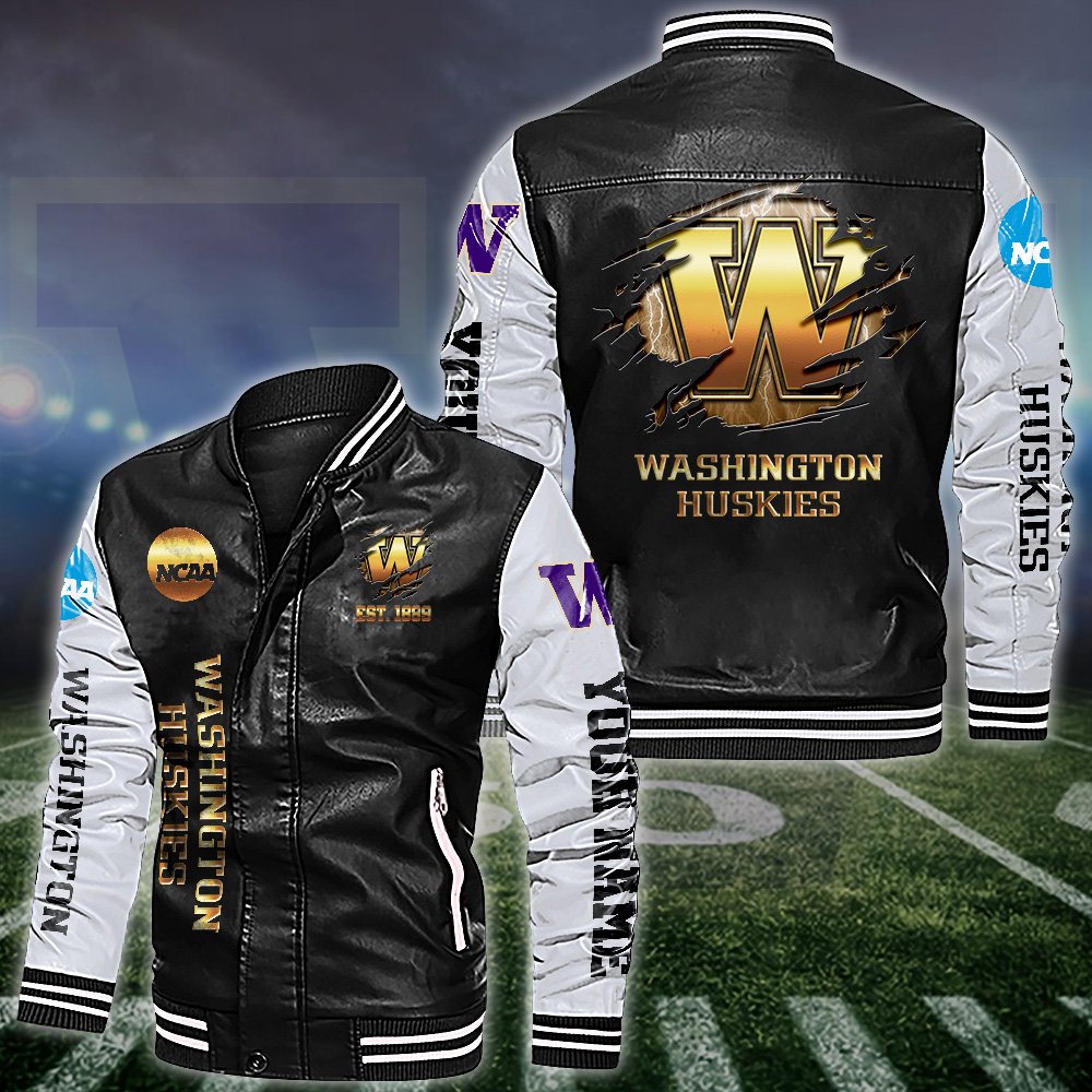 Washington Huskies White 2D Leather Jacket 2024 Versions Personalized Your Name, Sport Leather Jacket, Gifts For Fan EHIVM-53642