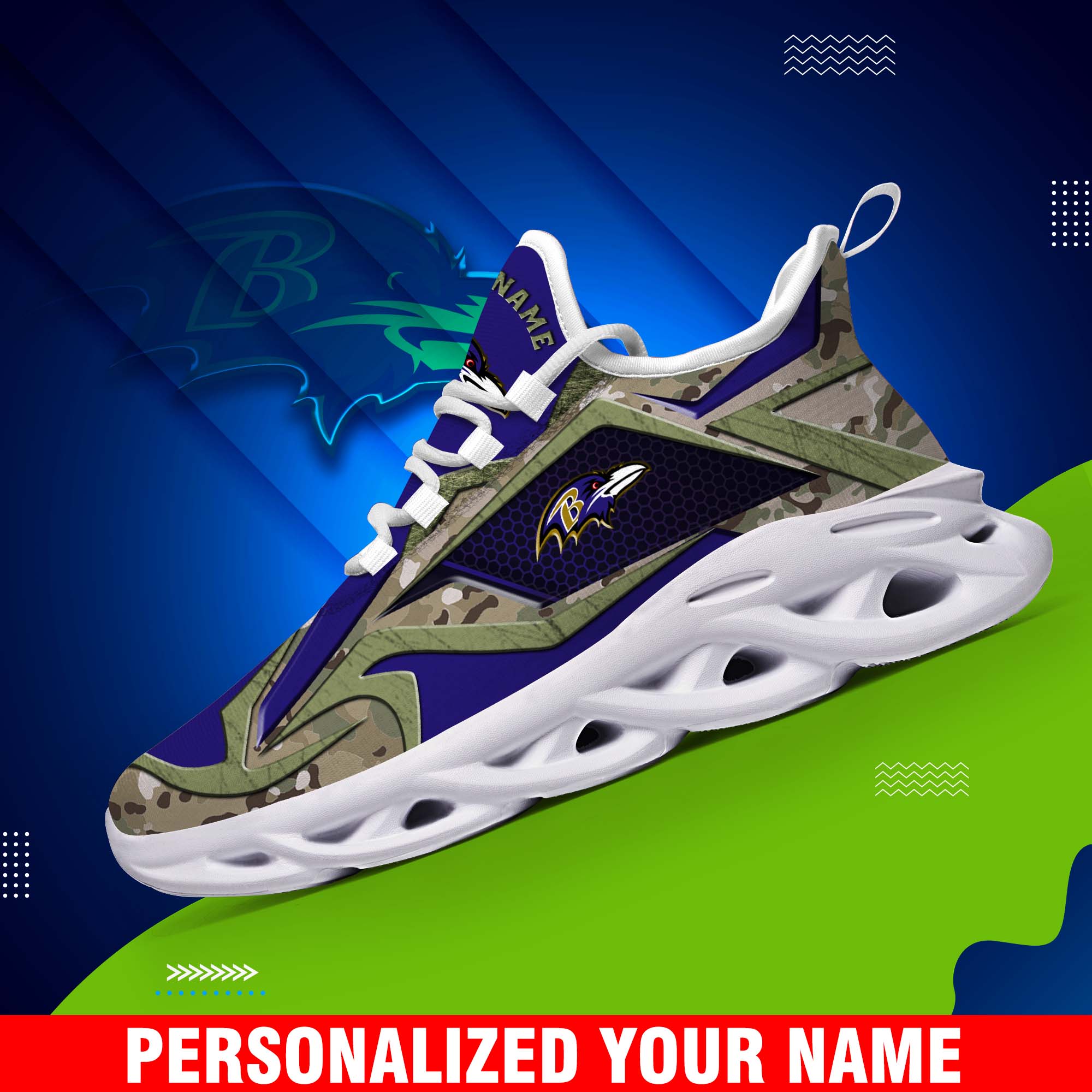 Baltimore Ravens Camouflage White C Sneakers 2024 Version Personalized Your Name, Sport Clunky Sneakers, Gifts For Fan ETHY-43609