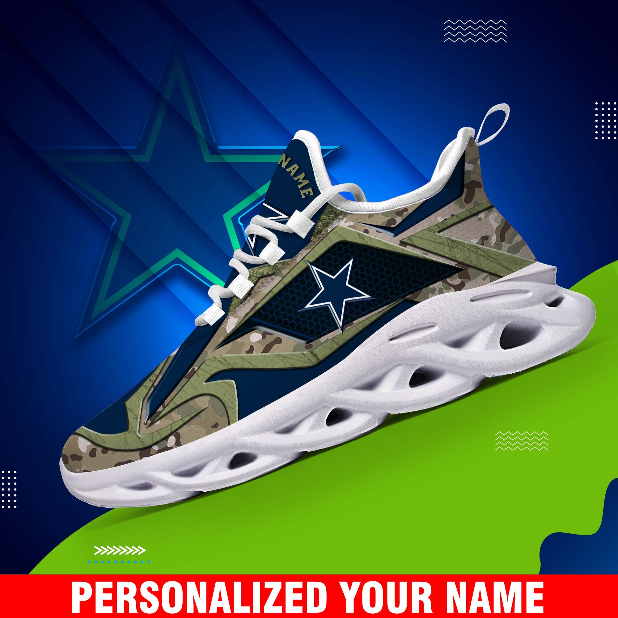 Dallas Cowboys Camouflage White C Sneakers 2024 Version Personalized Your Name, Sport Clunky Sneakers, Gifts For Fan ETHY-43609