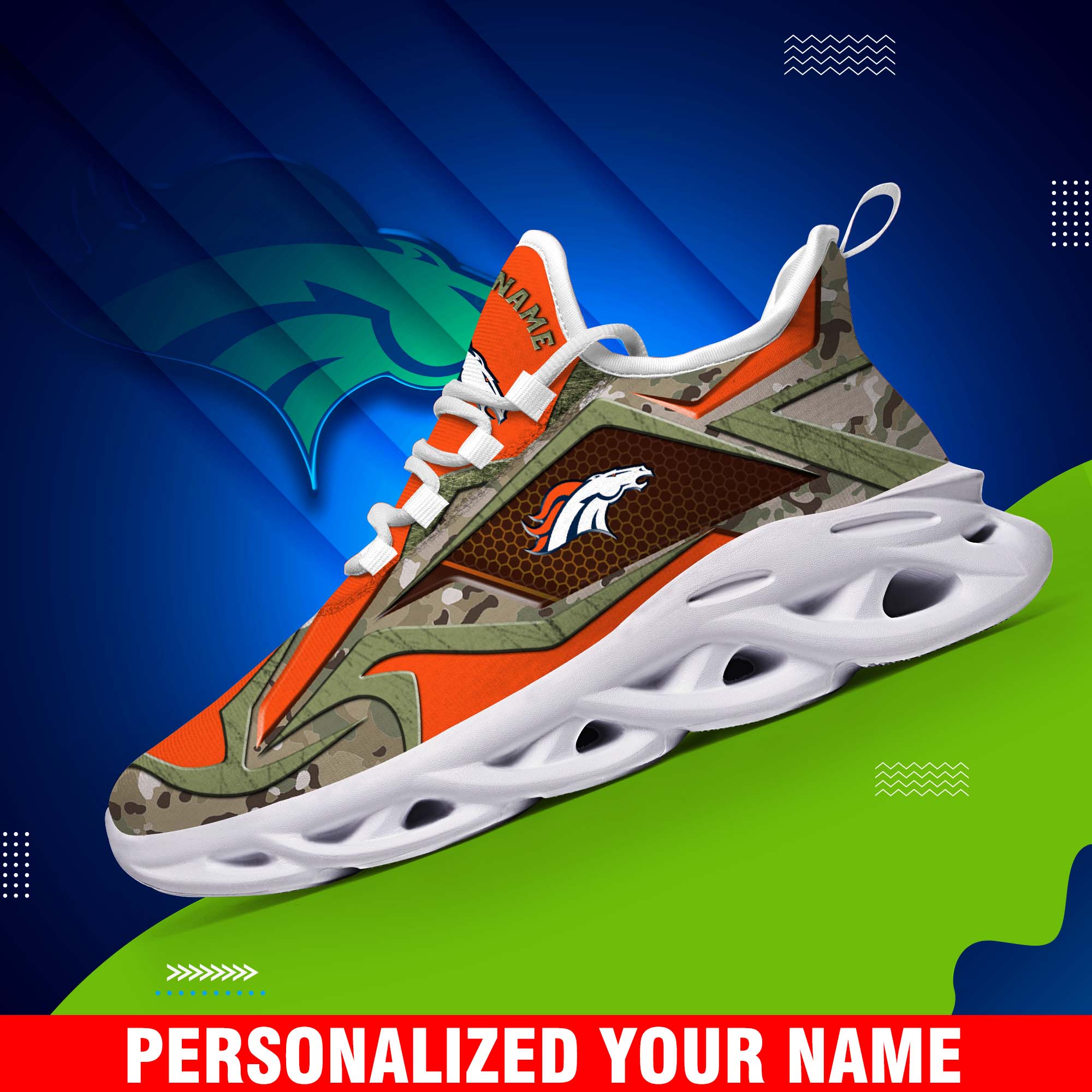 Denver Broncos Camouflage White C Sneakers 2024 Version Personalized Your Name, Sport Clunky Sneakers, Gifts For Fan ETHY-43609