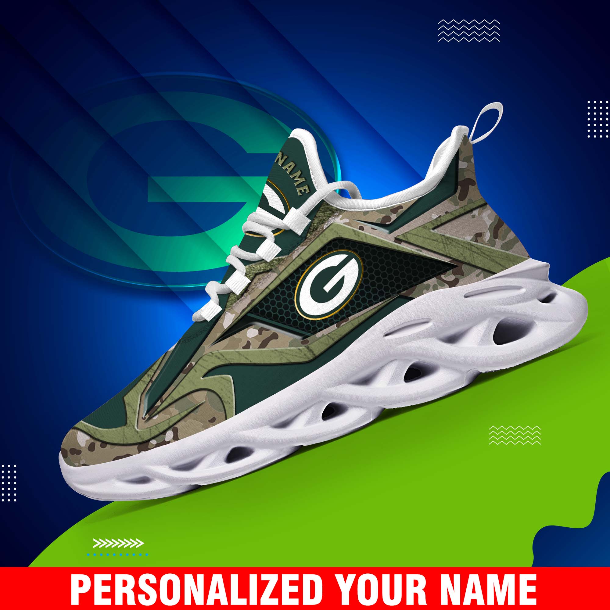 Green Bay Packers Camouflage White C Sneakers 2024 Version Personalized Your Name, Sport Clunky Sneakers, Gifts For Fan ETHY-43609