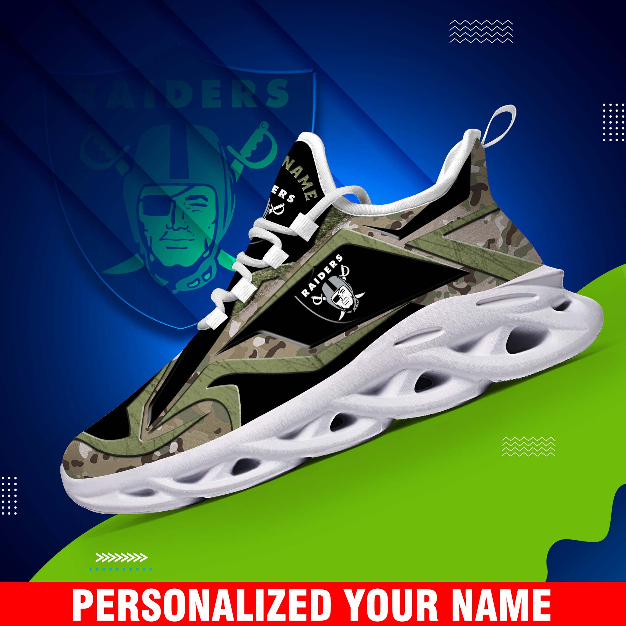 Las Vegas Raiders Camouflage White C Sneakers 2024 Version Personalized Your Name, Sport Clunky Sneakers, Gifts For Fan ETHY-43609