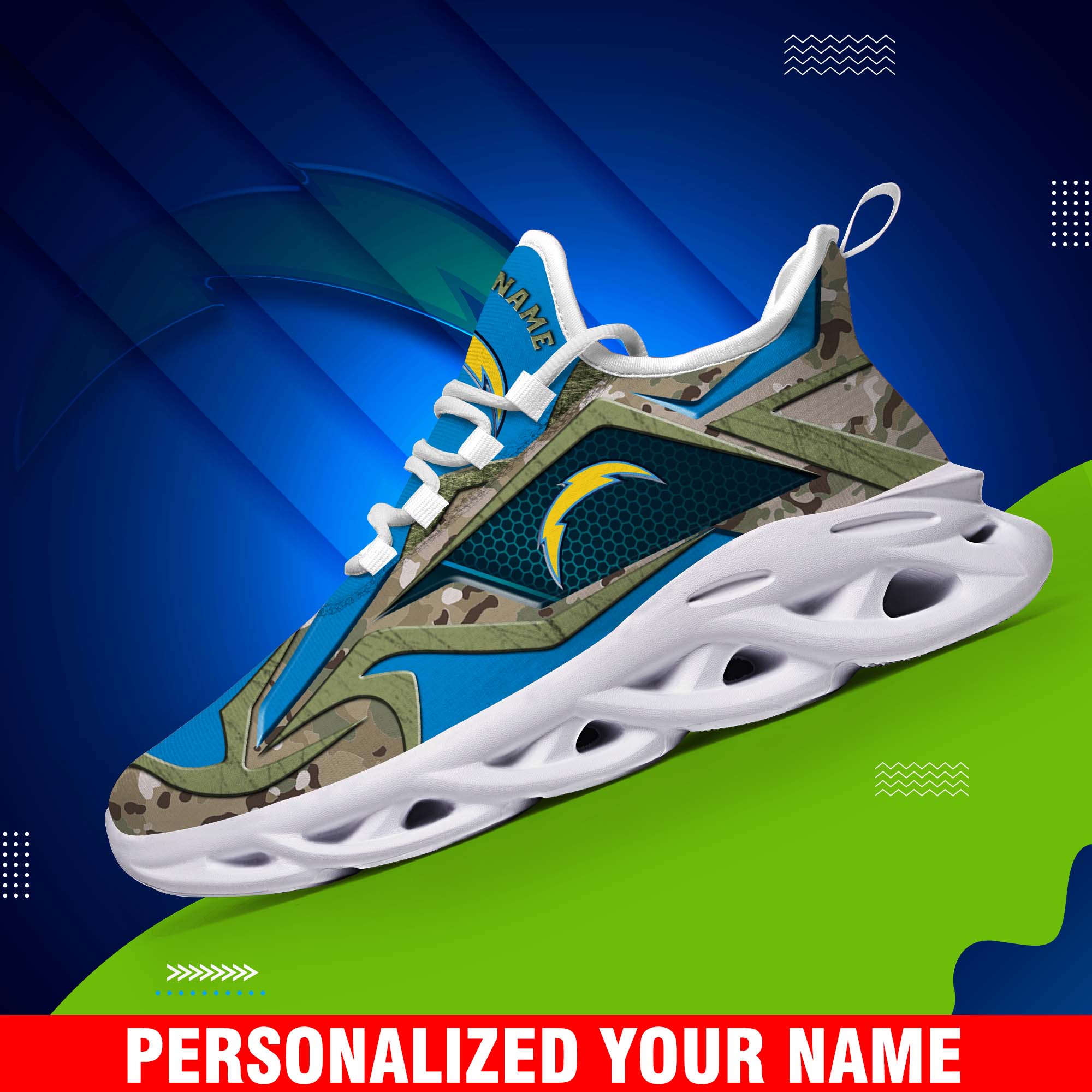 Los Angeles Chargers Camouflage White C Sneakers 2024 Version Personalized Your Name, Sport Clunky Sneakers, Gifts For Fan ETHY-43609