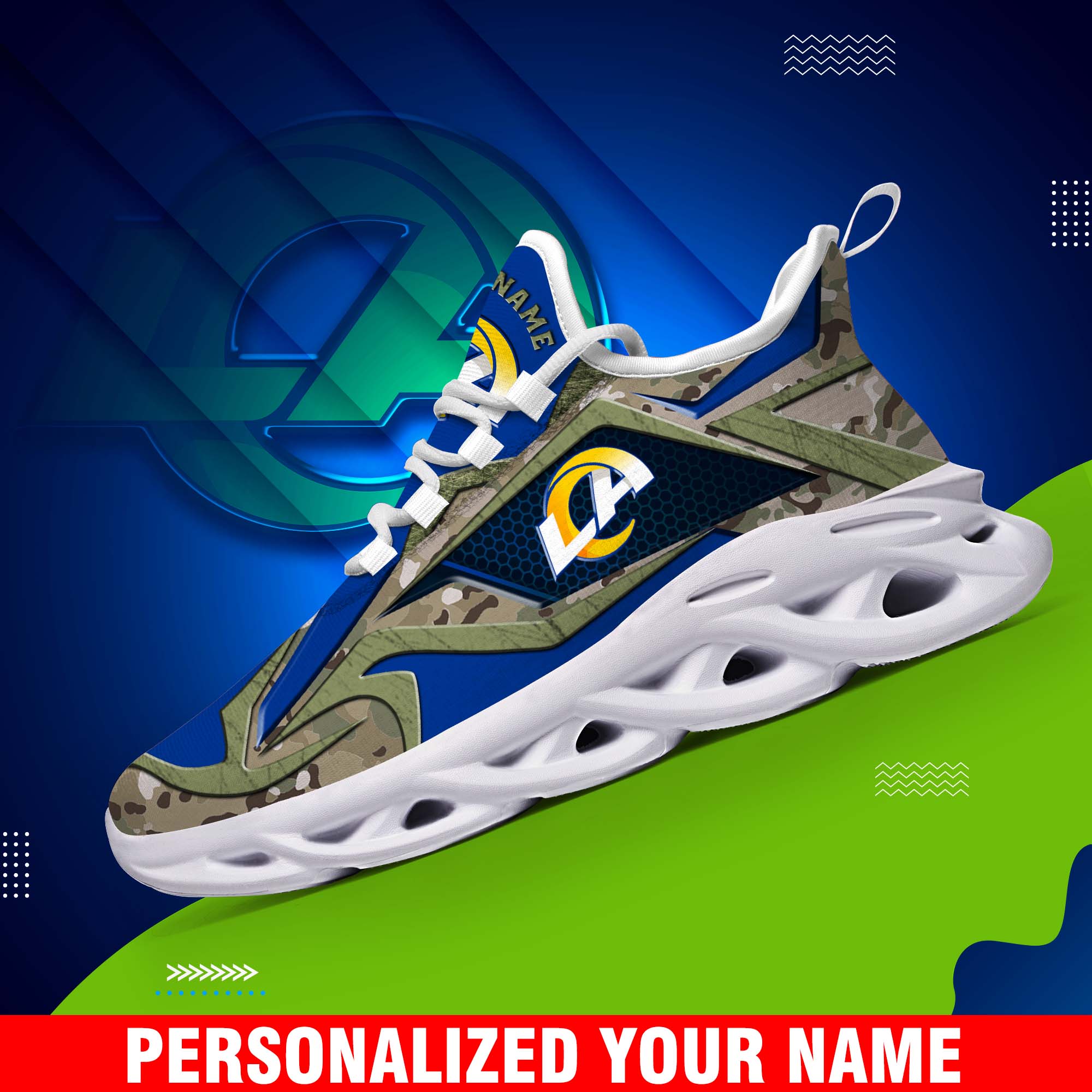 Los Angeles Rams Camouflage White C Sneakers 2024 Version Personalized Your Name, Sport Clunky Sneakers, Gifts For Fan ETHY-43609