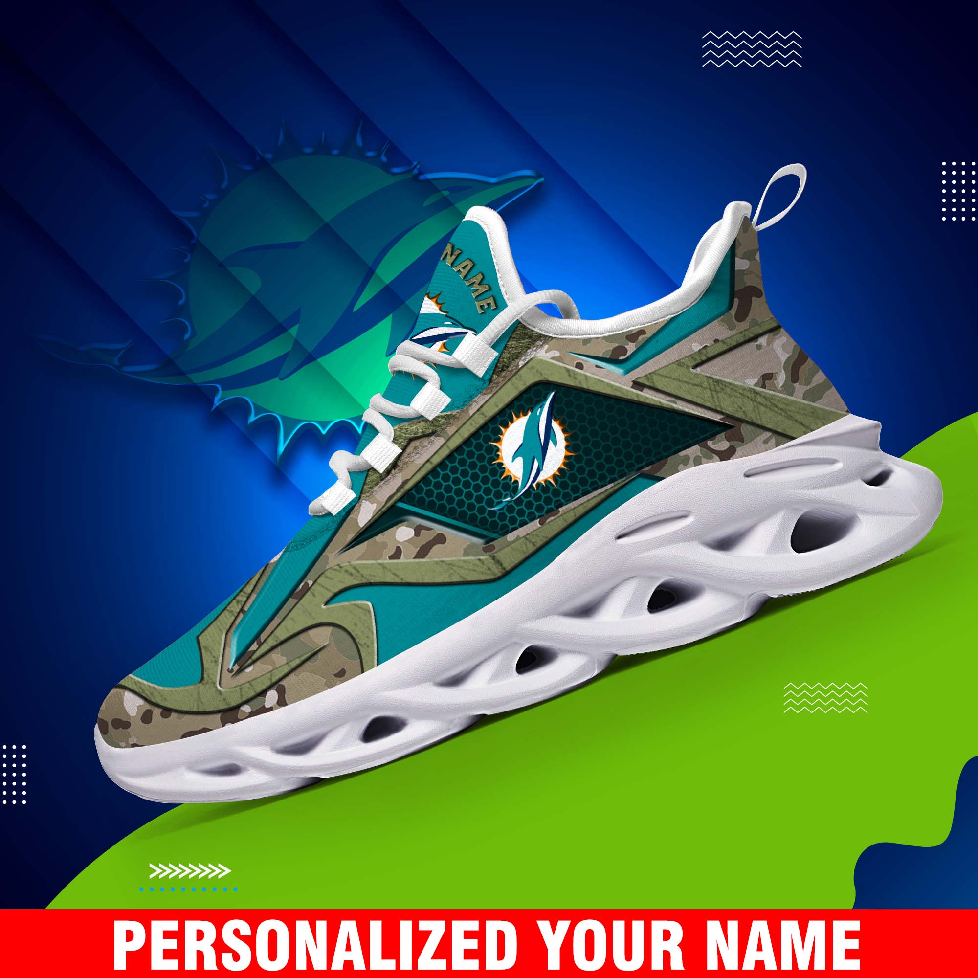 Miami Dolphins Camouflage White C Sneakers 2024 Version Personalized Your Name, Sport Clunky Sneakers, Gifts For Fan ETHY-43609