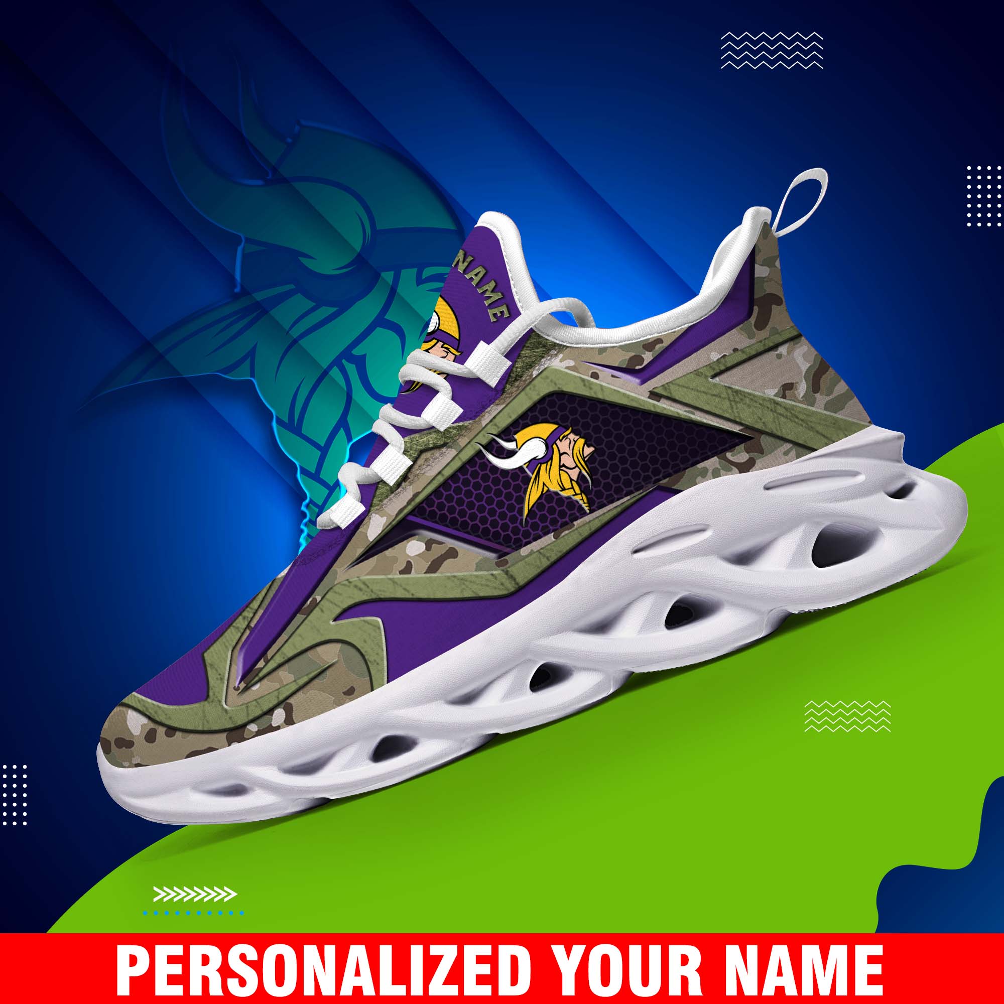 Minnesota Vikings Camouflage White C Sneakers 2024 Version Personalized Your Name, Sport Clunky Sneakers, Gifts For Fan ETHY-43609