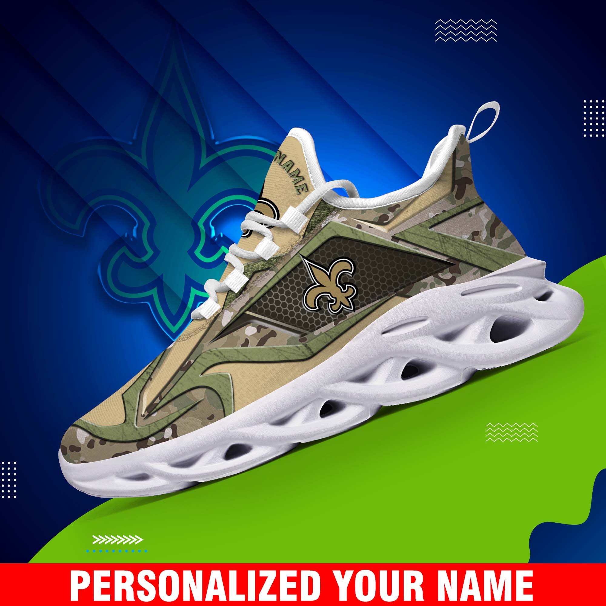 New Orleans Saints Camouflage White C Sneakers 2024 Version Personalized Your Name, Sport Clunky Sneakers, Gifts For Fan ETHY-43609