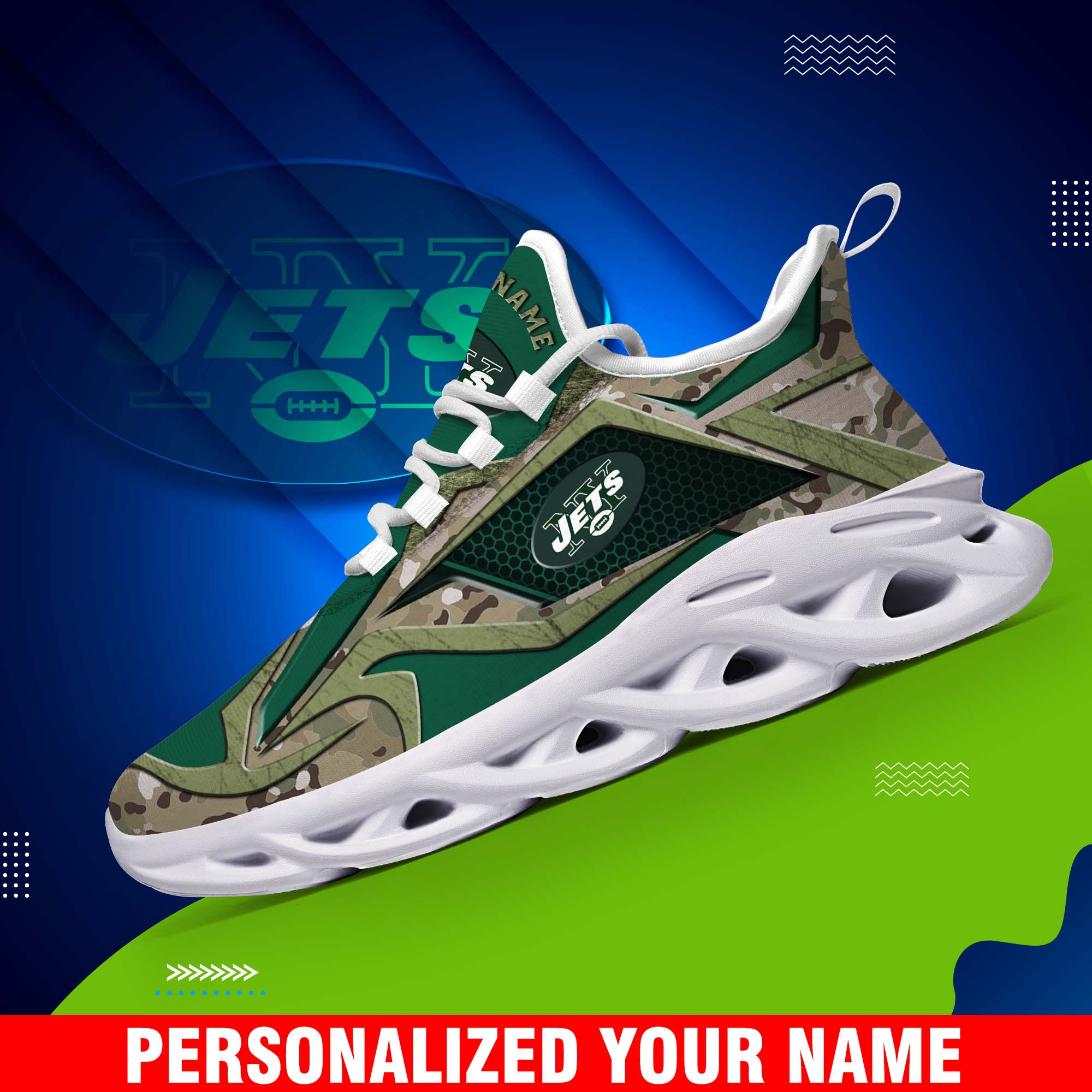 New York Jets Camouflage White C Sneakers 2024 Version Personalized Your Name, Sport Clunky Sneakers, Gifts For Fan ETHY-43609