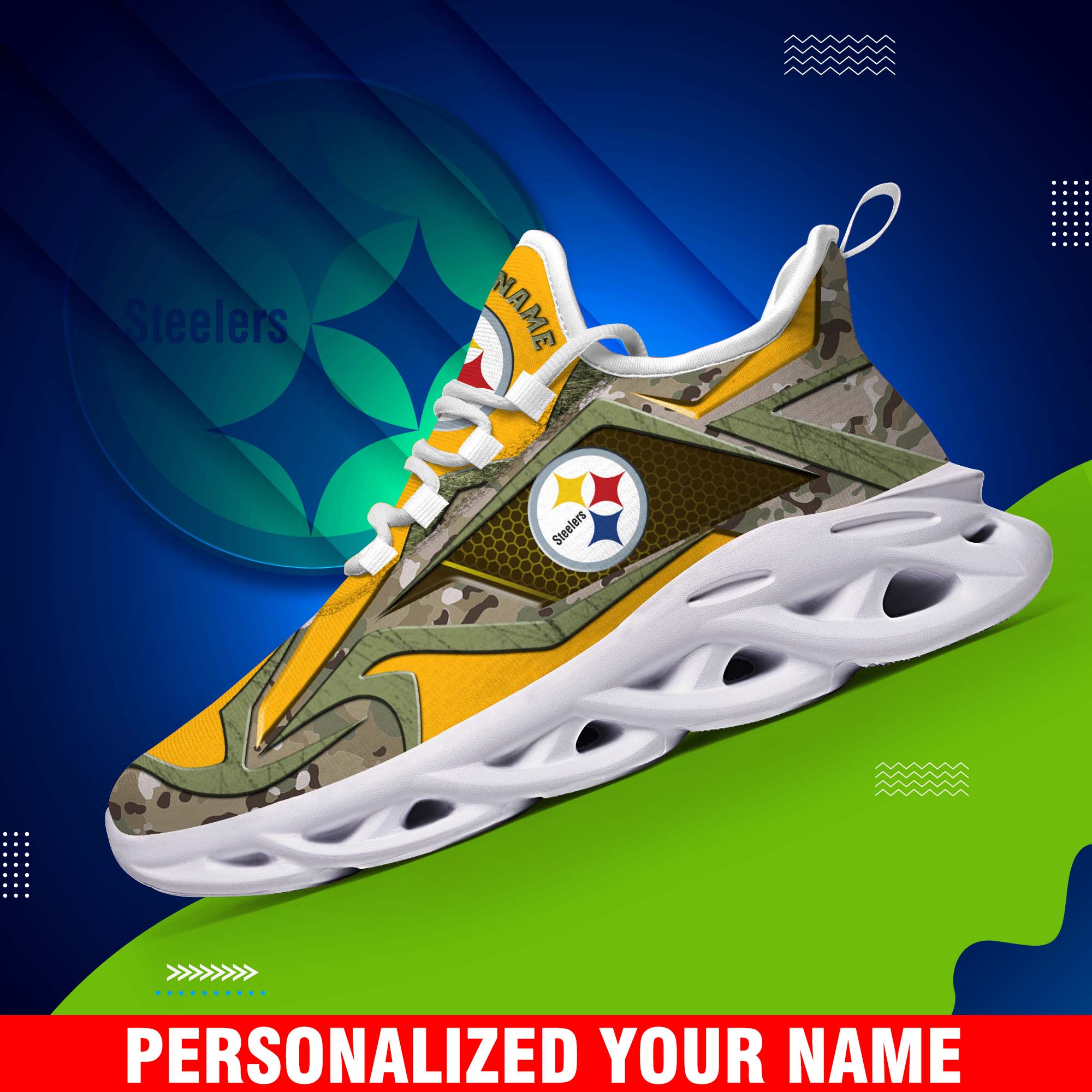 Pittsburgh Steelers Camouflage White C Sneakers 2024 Version Personalized Your Name, Sport Clunky Sneakers, Gifts For Fan ETHY-43609