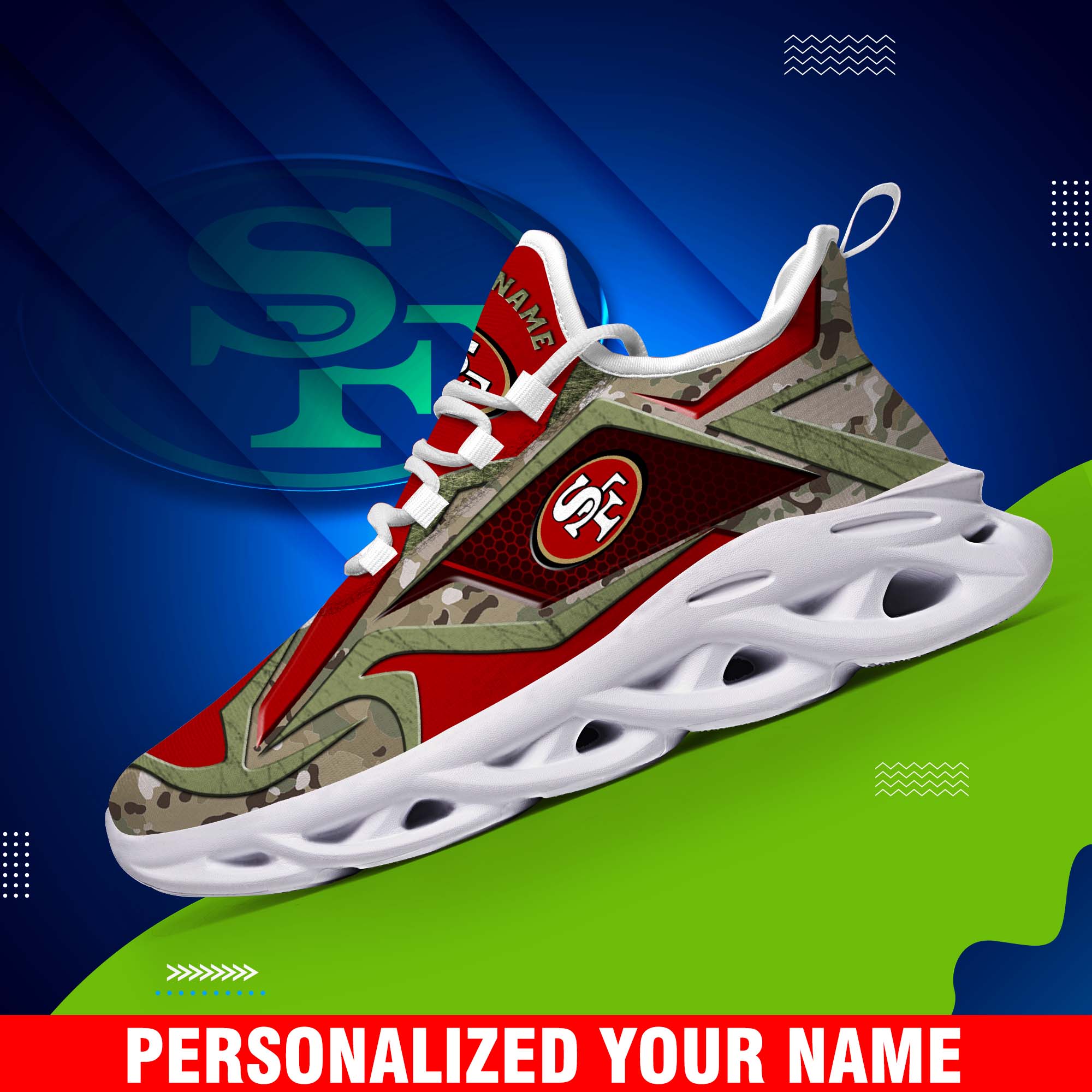 San Francisco 49ers Camouflage White C Sneakers 2024 Version Personalized Your Name, Sport Clunky Sneakers, Gifts For Fan ETHY-43609