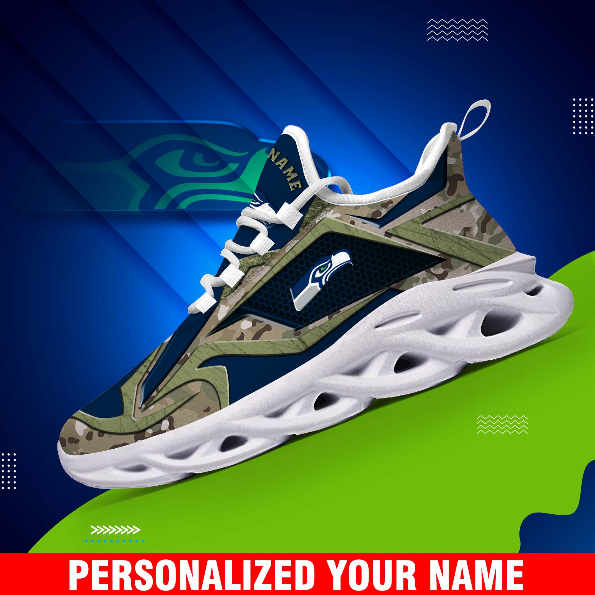 Seattle Seahawks Camouflage White C Sneakers 2024 Version Personalized Your Name, Sport Clunky Sneakers, Gifts For Fan ETHY-43609