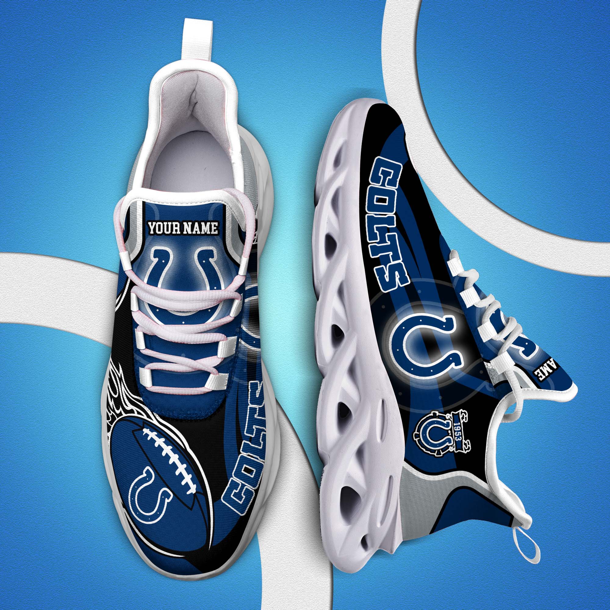 Indianapolis Colts White C Sneakers 2024 Version Personalized Your Name, Football Team Sneakers Max Soul, Gifts For Fan ETHY-53090