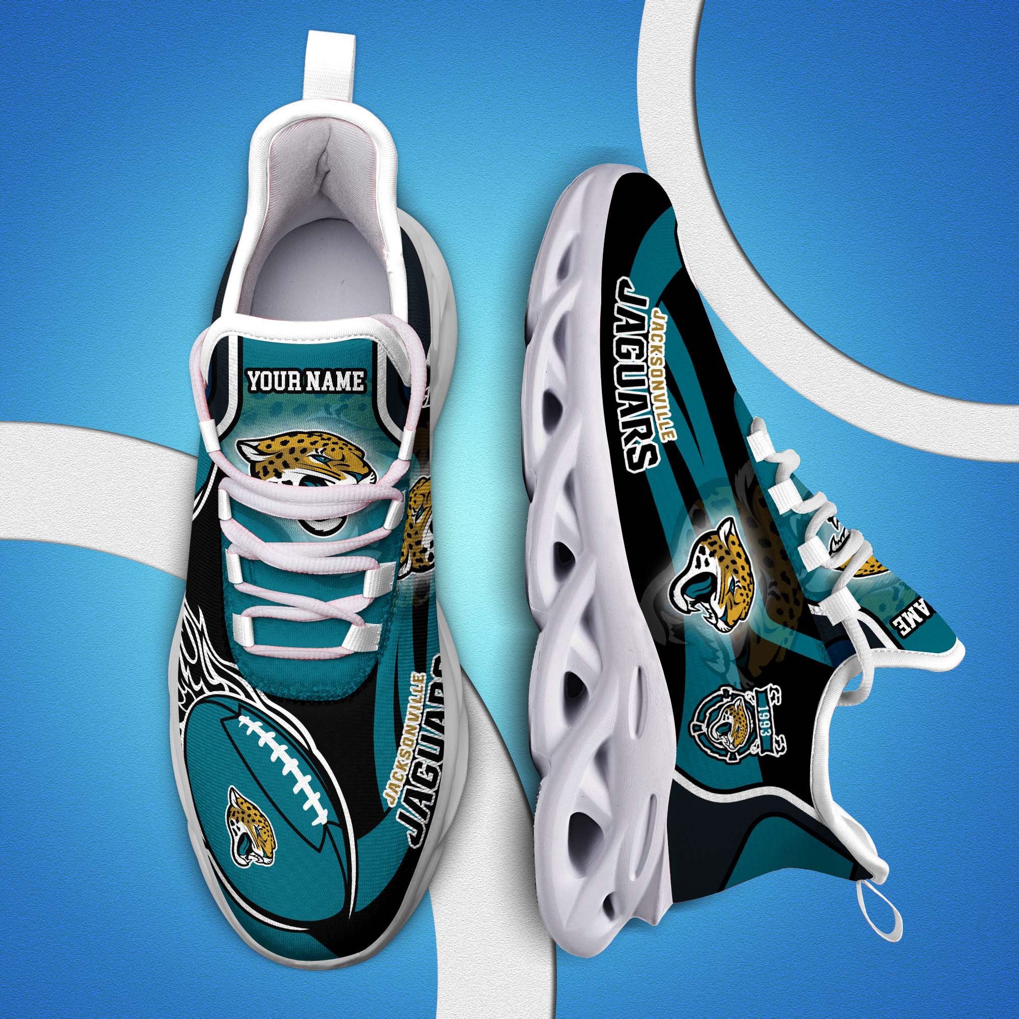 Jacksonville Jaguars White C Sneakers 2024 Version Personalized Your Name, Football Team Sneakers Max Soul, Gifts For Fan ETHY-53090