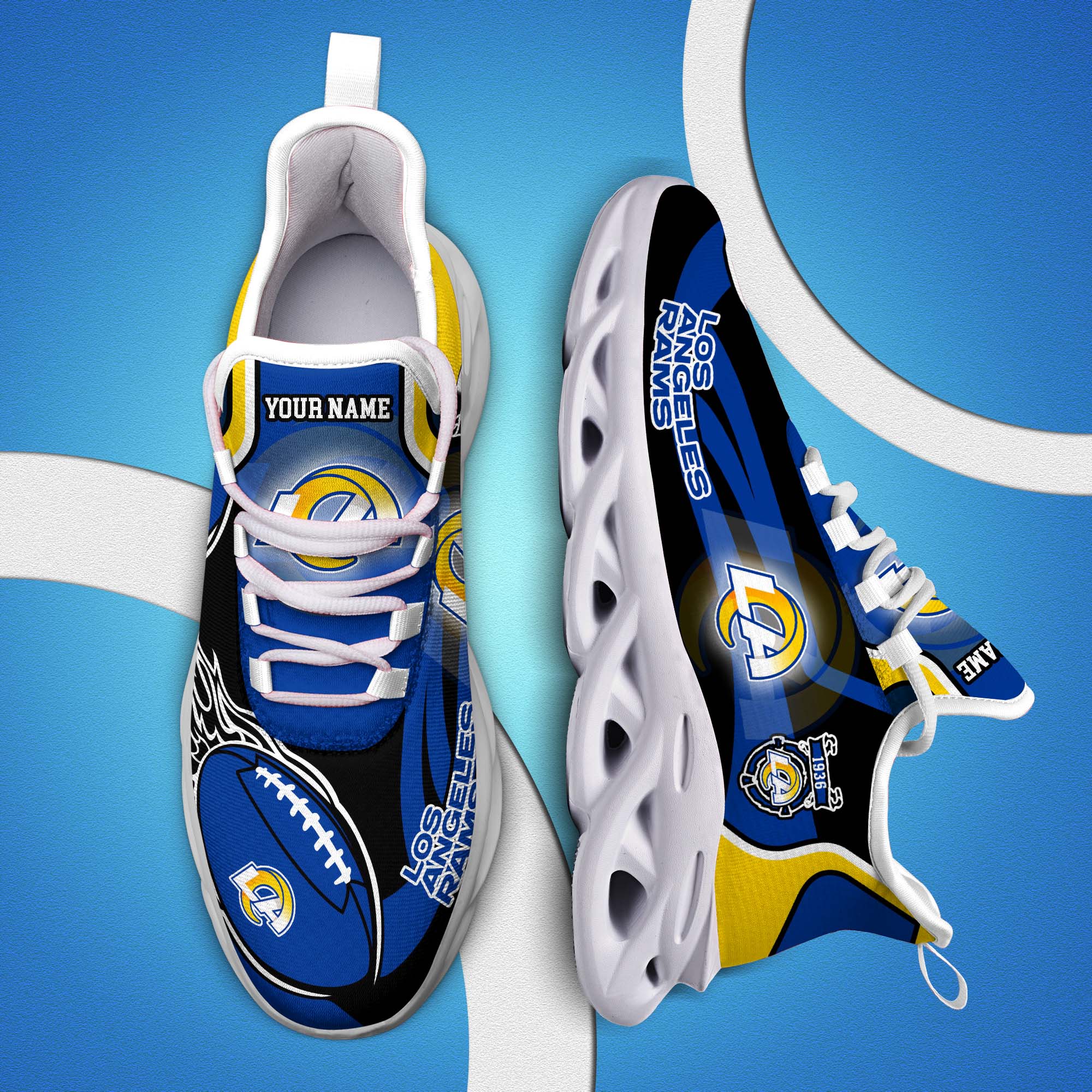 Los Angeles Rams White C Sneakers 2024 Version Personalized Your Name, Football Team Sneakers Max Soul, Gifts For Fan ETHY-53090