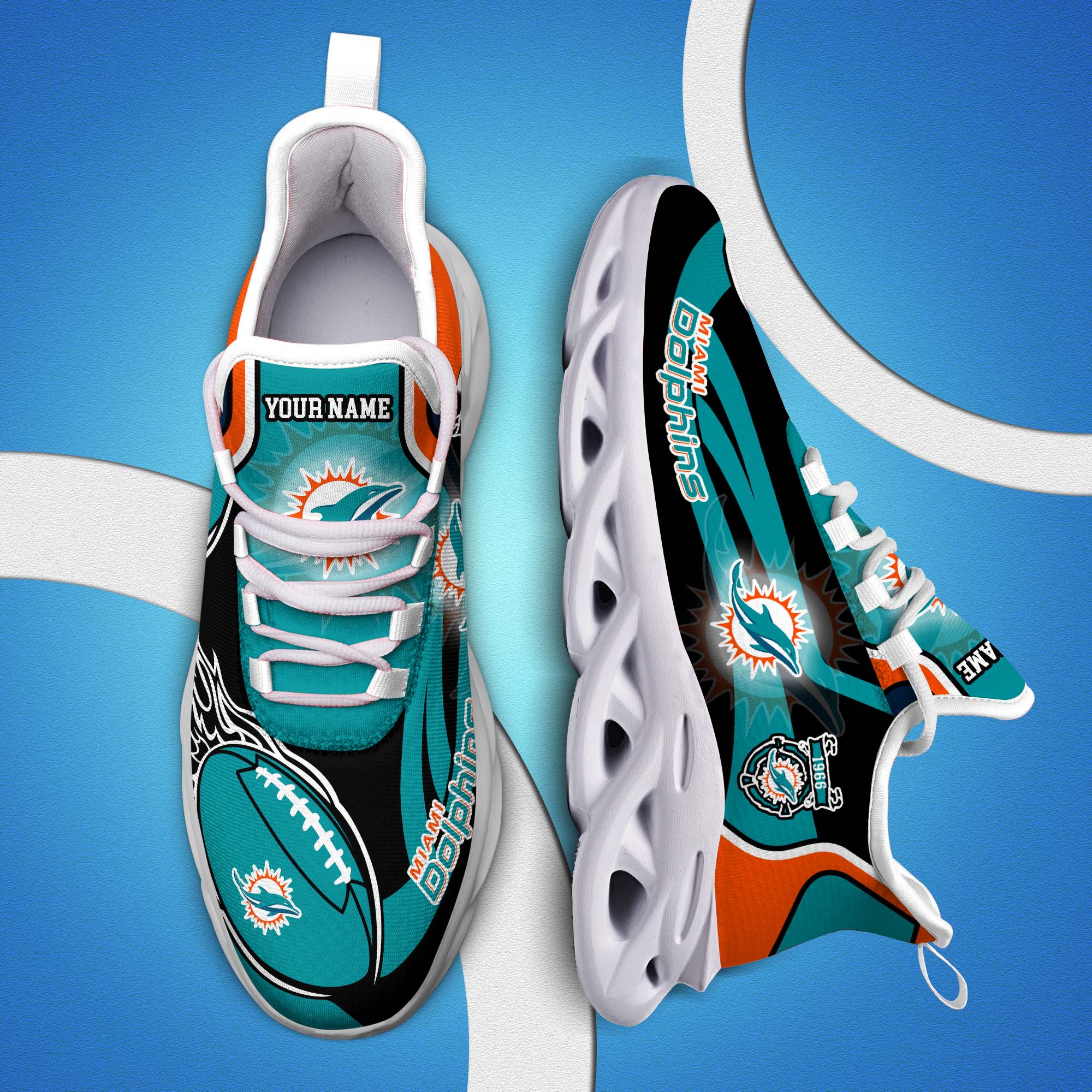 Miami Dolphins White C Sneakers 2024 Version Personalized Your Name, Football Team Sneakers Max Soul, Gifts For Fan ETHY-53090