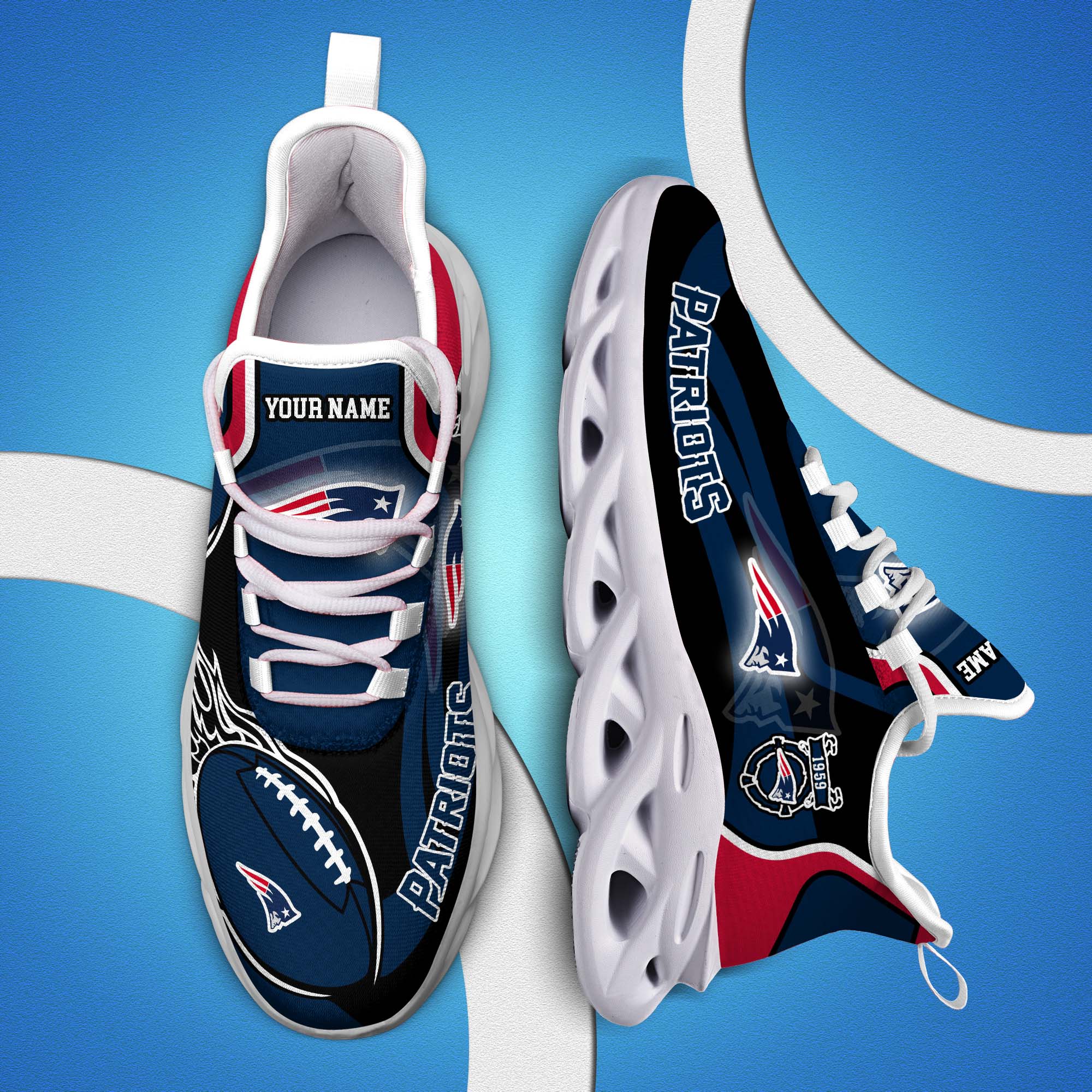 New England Patriots White C Sneakers 2024 Version Personalized Your Name, Football Team Sneakers Max Soul, Gifts For Fan ETHY-53090