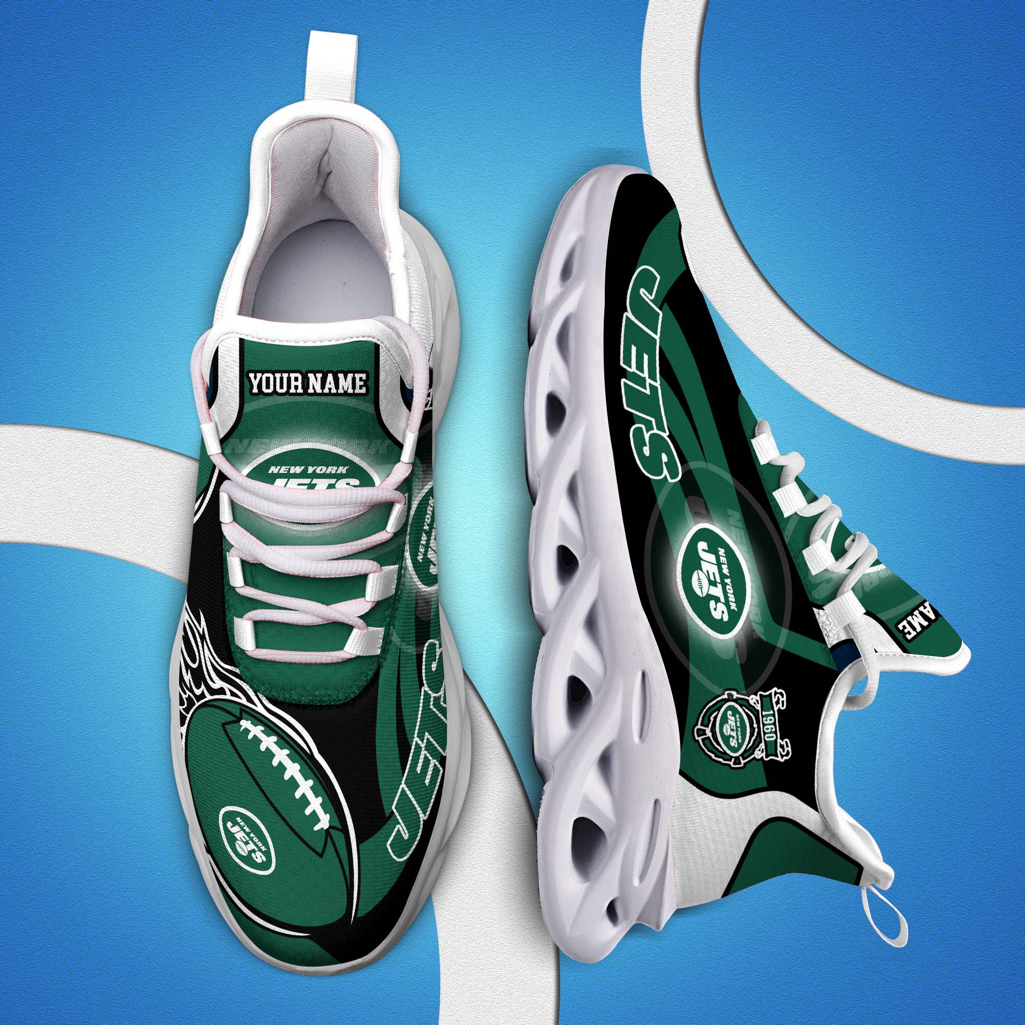 New York Jets White C Sneakers 2024 Version Personalized Your Name, Football Team Sneakers Max Soul, Gifts For Fan ETHY-53090