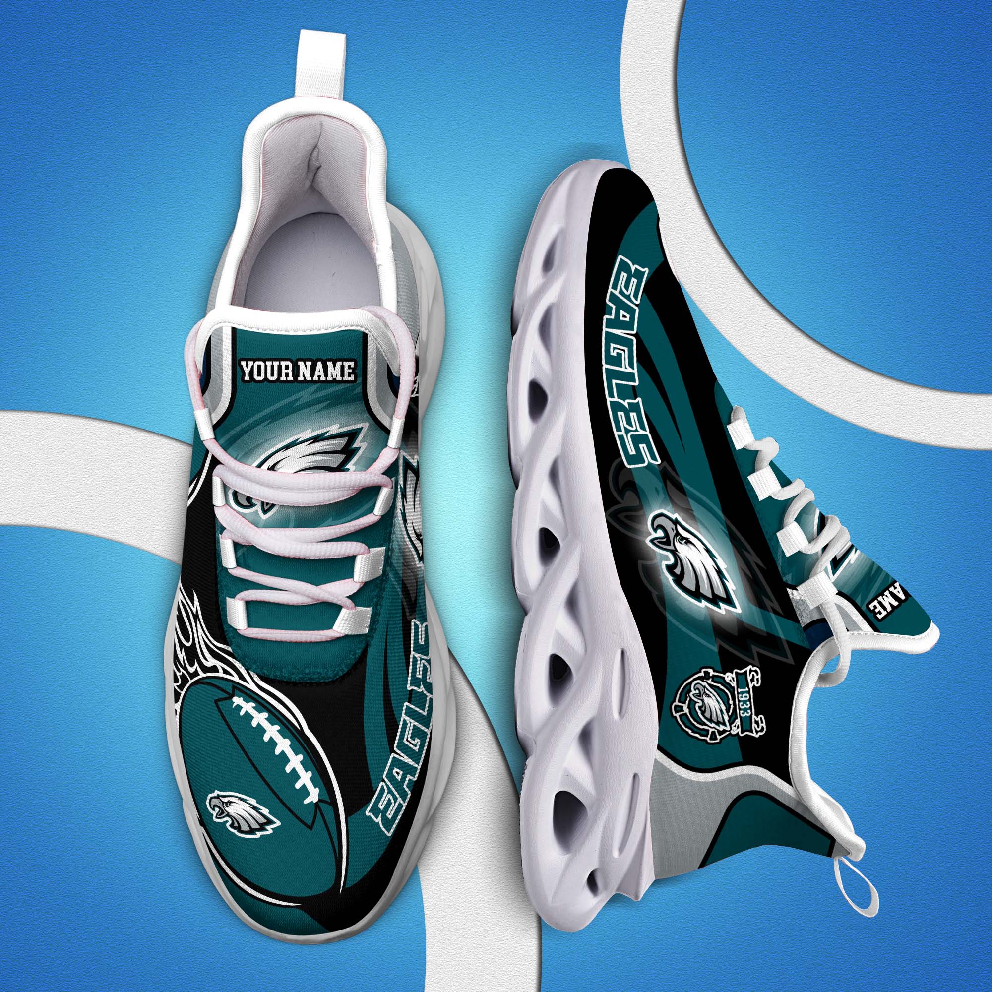 Philadelphia Eagles White C Sneakers 2024 Version Personalized Your Name, Football Team Sneakers Max Soul, Gifts For Fan ETHY-53090