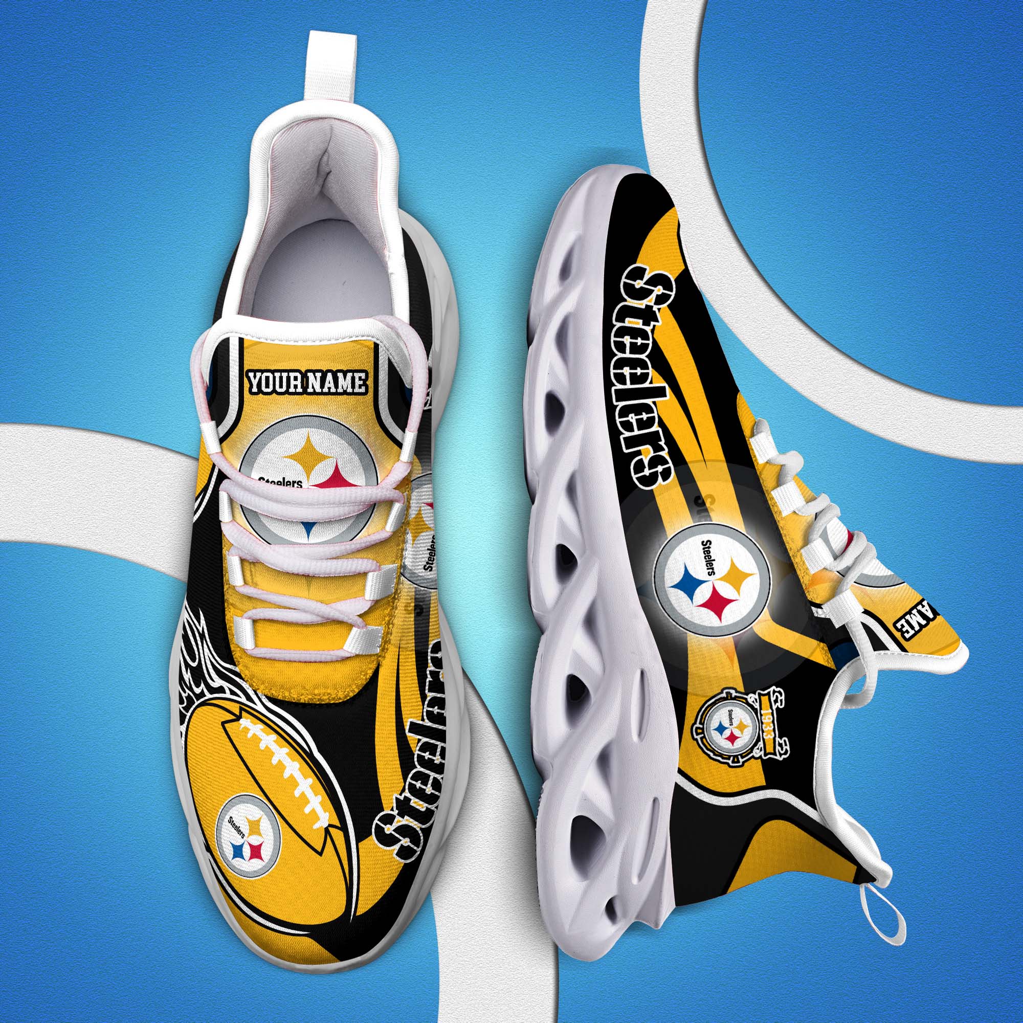 Pittsburgh Steelers White C Sneakers 2024 Version Personalized Your Name, Football Team Sneakers Max Soul, Gifts For Fan ETHY-53090