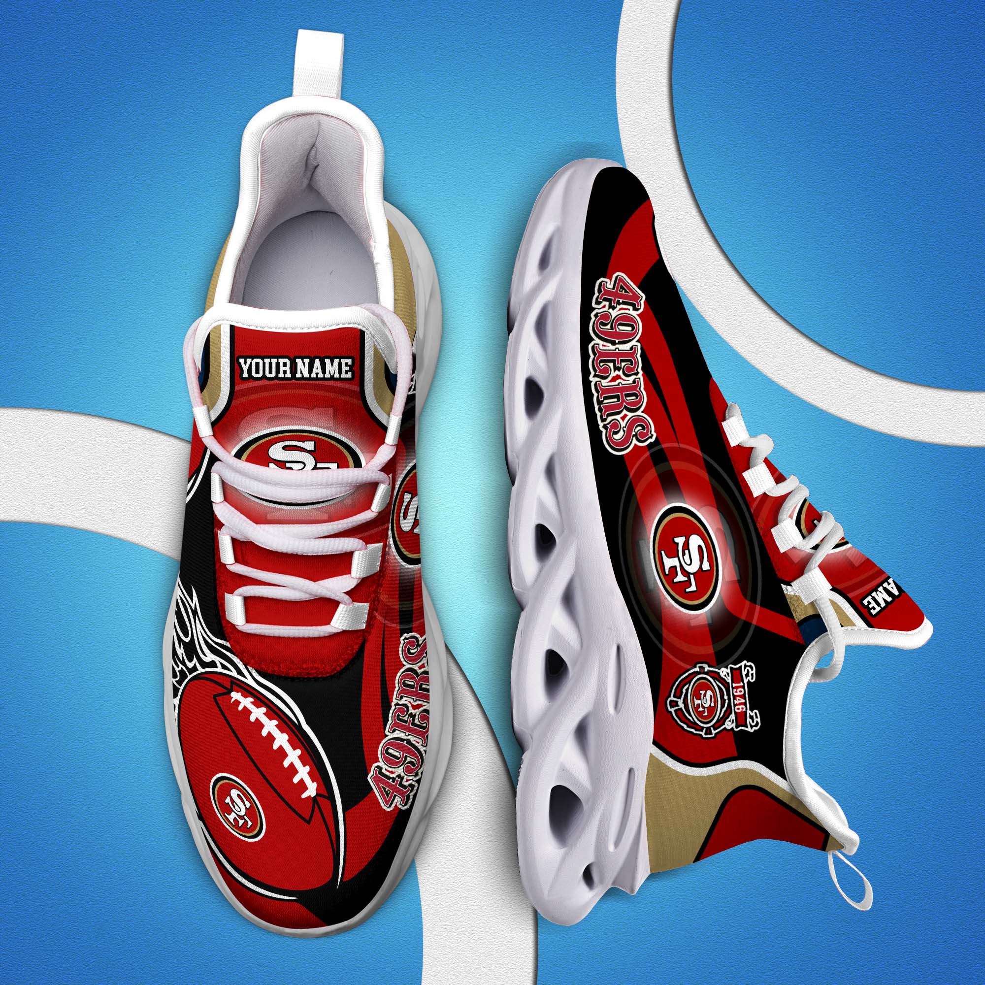 San Francisco 49ers White C Sneakers 2024 Version Personalized Your Name, Football Team Sneakers Max Soul, Gifts For Fan ETHY-53090