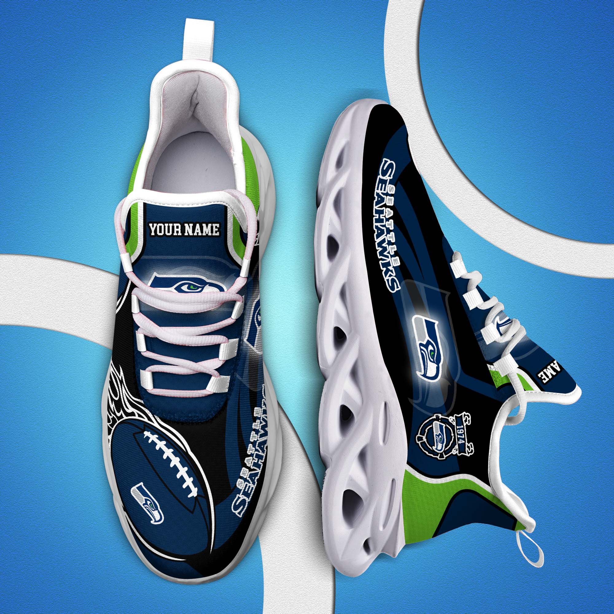 Seattle Seahawks White C Sneakers 2024 Version Personalized Your Name, Football Team Sneakers Max Soul, Gifts For Fan ETHY-53090