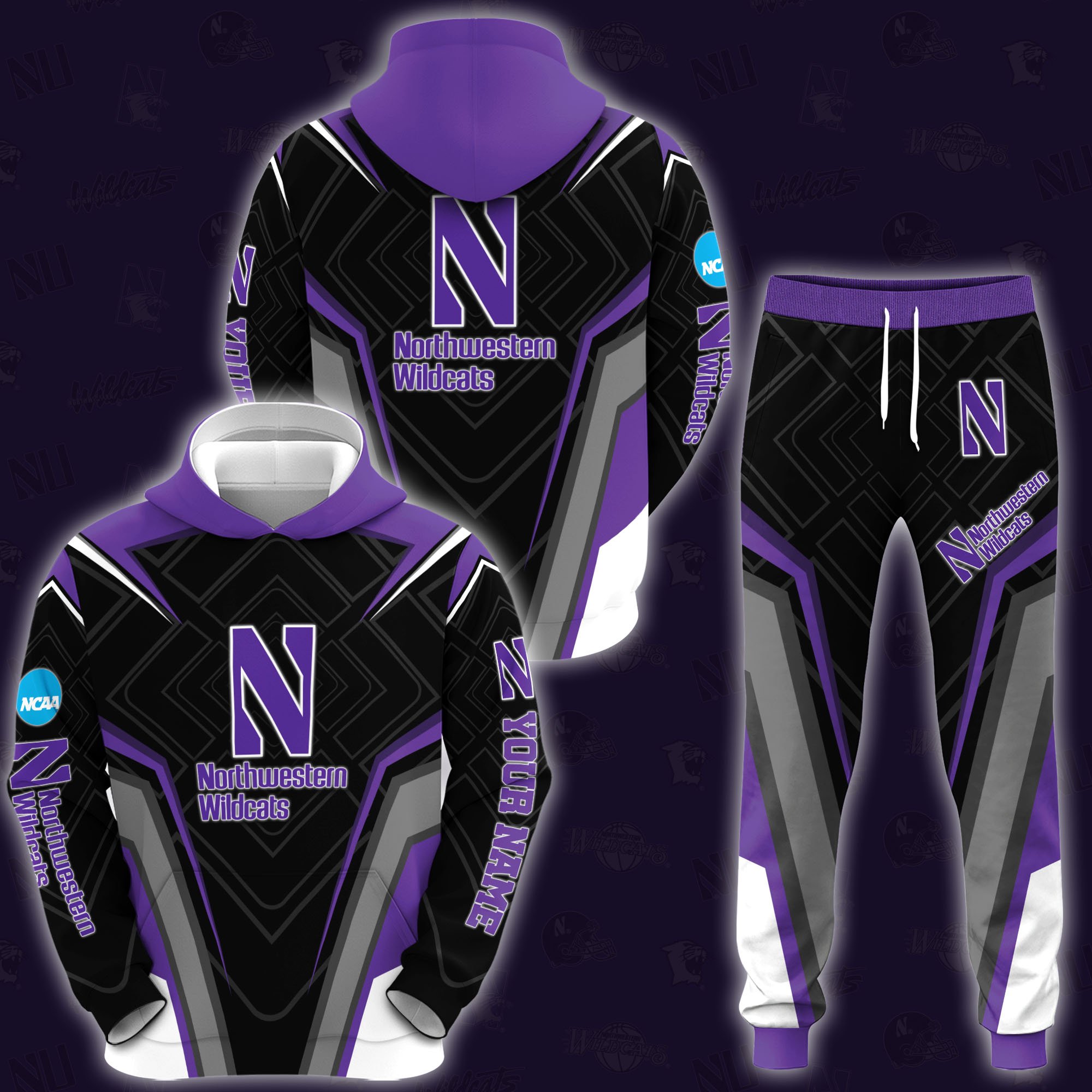 Northwestern Wildcats Hoodie Sweatpants Set 2024 Version Custom Your Name, Hoodie Sweatpants Set For Sport Lovers, Gifts For Fans, Sport Gifts ETRG-62556