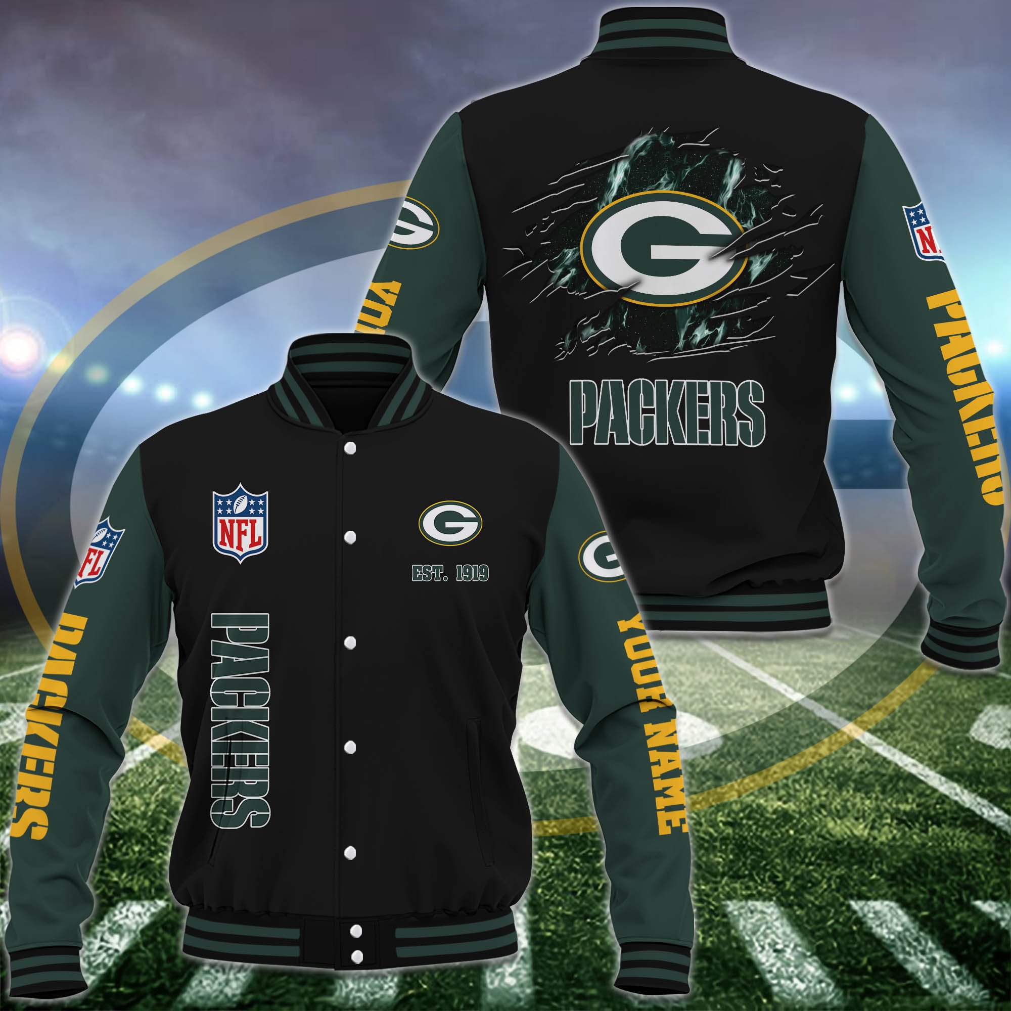 Green Bay Packers Baseball Jacket Custom Your Name, Sport Jacket, FootBall Fan Gifts EHIVM-54148