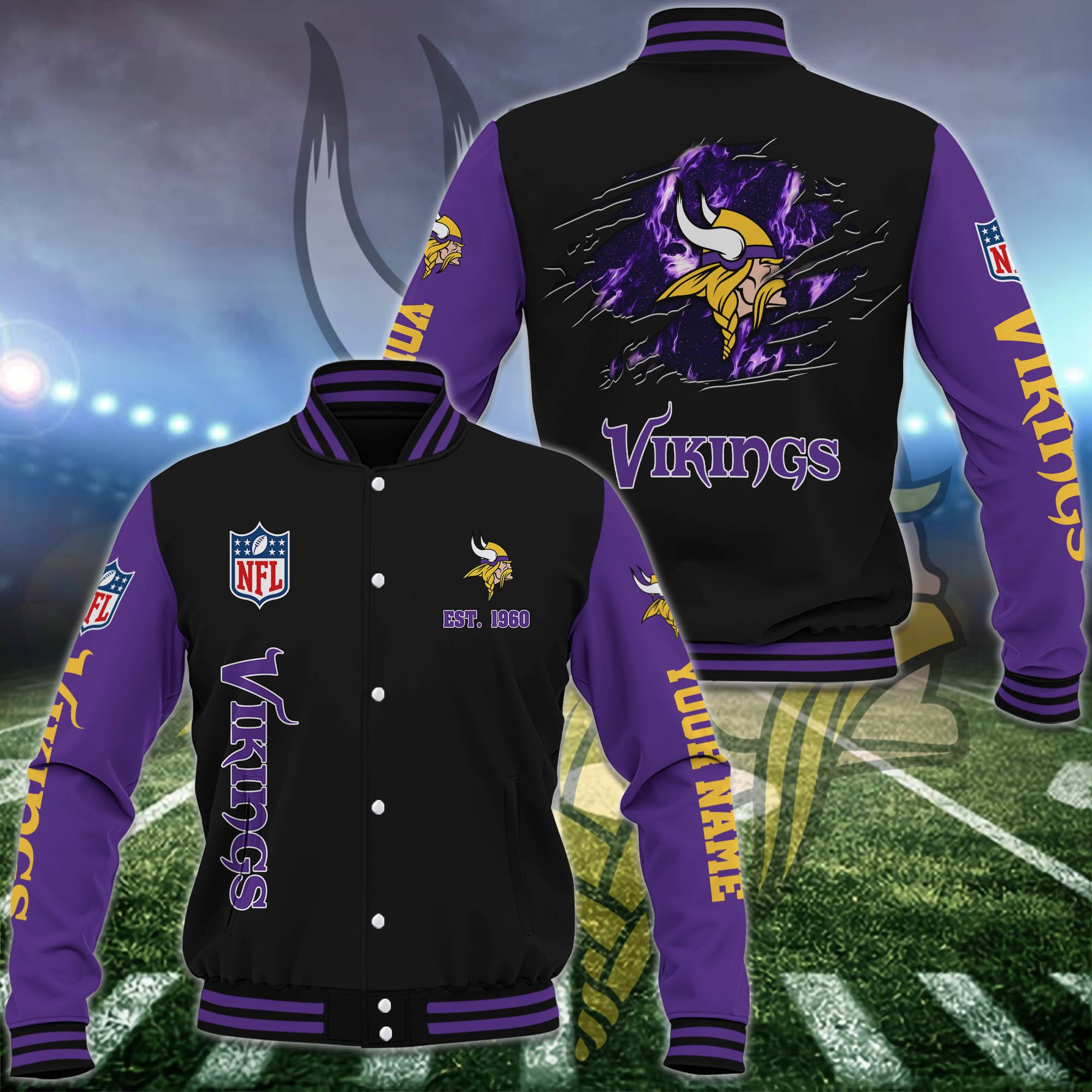 Minnesota Vikings Baseball Jacket Custom Your Name, Sport Jacket, FootBall Fan Gifts EHIVM-54148