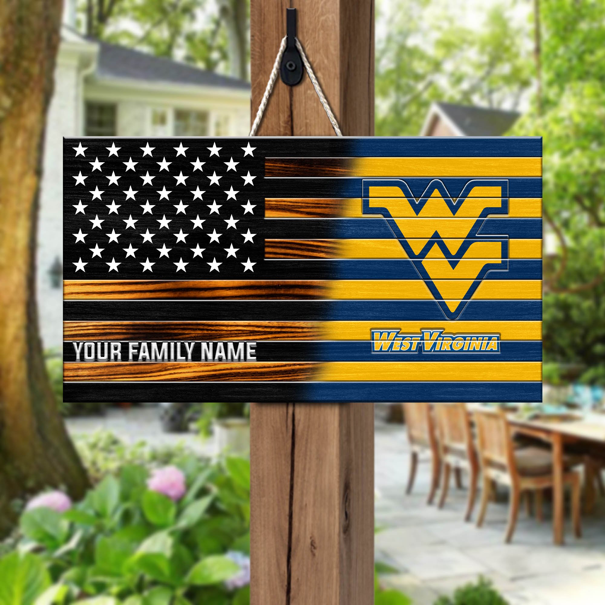 West Virginia Mountaineers Shape Wooden Sign 2024 Version Personalized Your Family Name, Sport Team Sign, Sport Decorations ETHY-51658