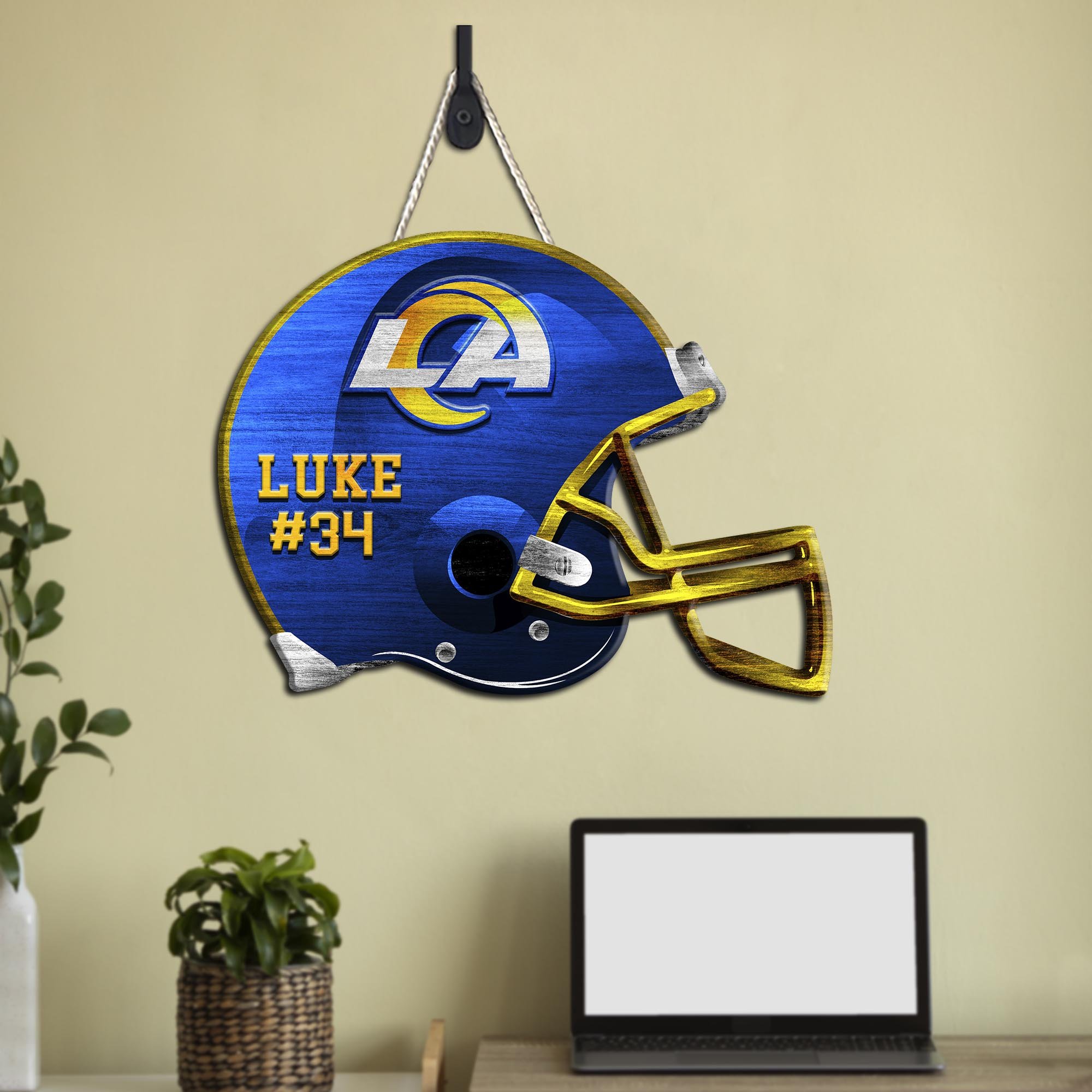 Los Angeles Rams Shape Wooden Sign 2024 Version Personalized Your Name And Number, Sport Team Wood Sign, Sport Gifts For Fans ETHY-51867