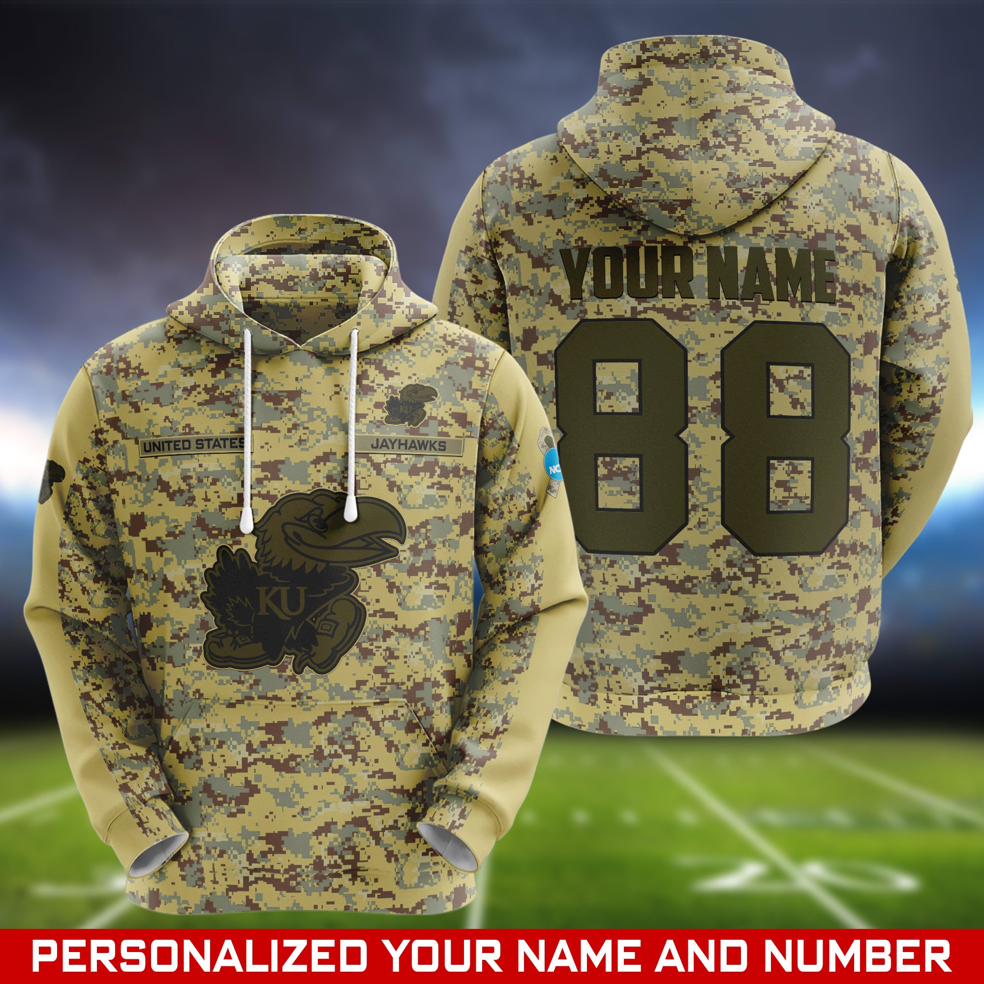 Kansas Jayhawks Camouflage Hoodie, Sweatshirt, T-shirt, Zipper 2024 Version Customized  Your Name And Number, Shirts For Football Fans, Sport Gifts ETHY-53721