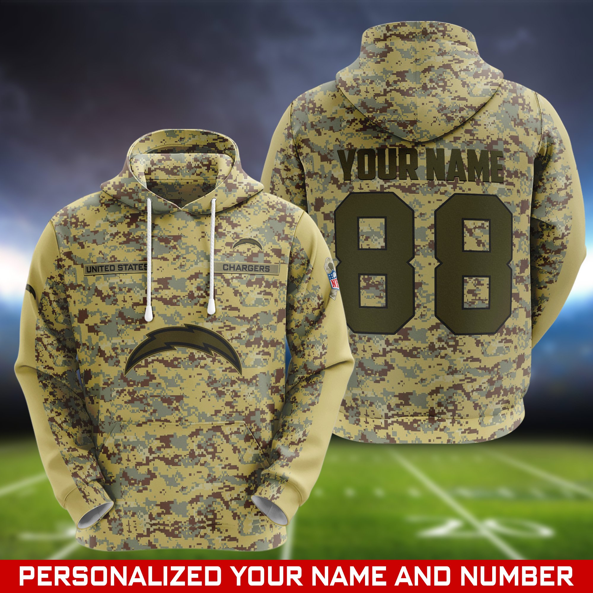 Los Angeles Chargers Camouflage Hoodie, Sweatshirt, T-shirt, Zipper 2024 Version Customized  Your Name And Number, Shirts For Football Fans, Sport Gifts ETHY-53721